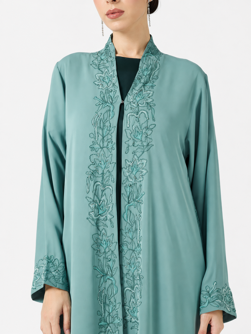 Seafoam Embroidered Open Abaya