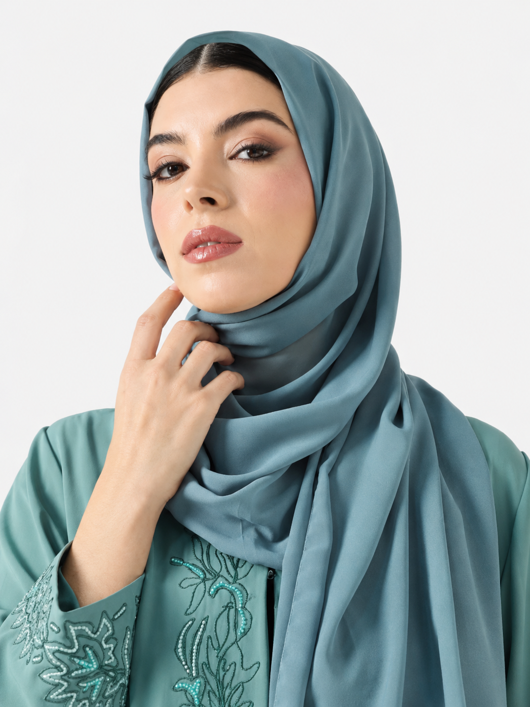 Seafoam Embroidered Open Abaya