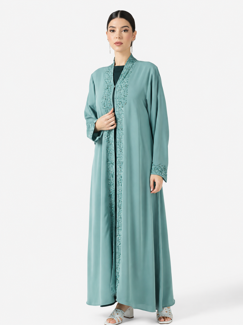 Seafoam Embroidered Open Abaya