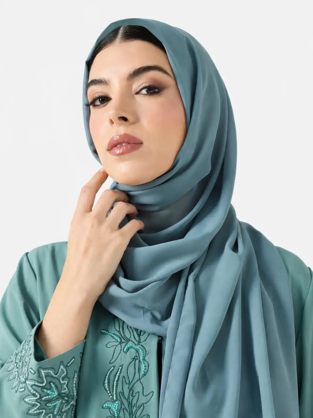 Seafoam Embroidered Open Abaya