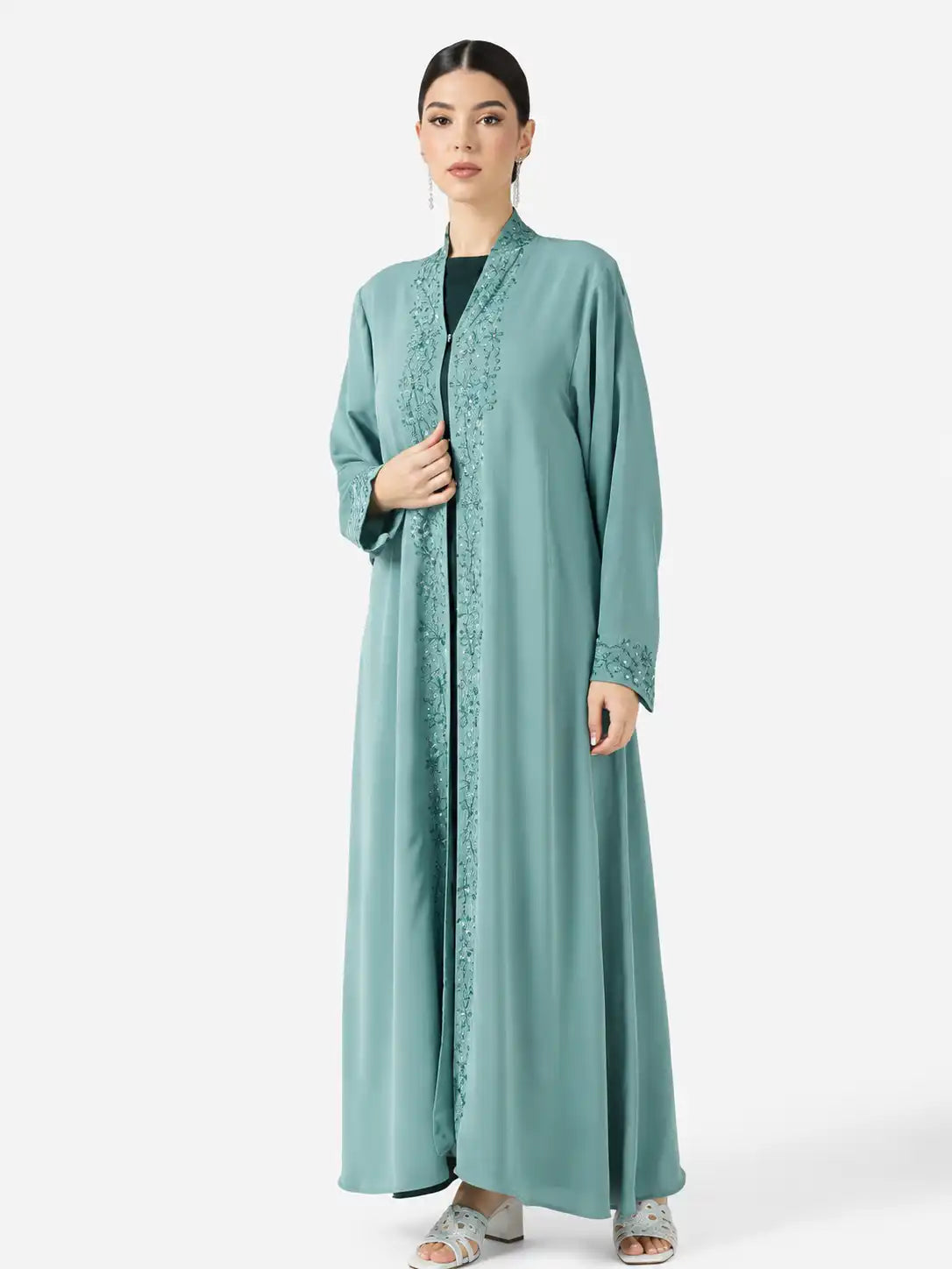 Seafoam Embroidered Open Abaya