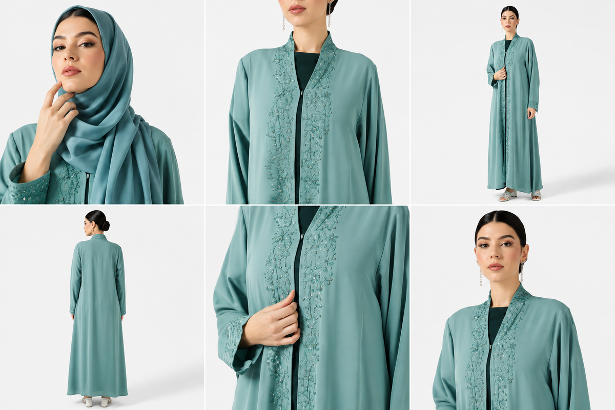 Seafoam Embroidered Open Abaya