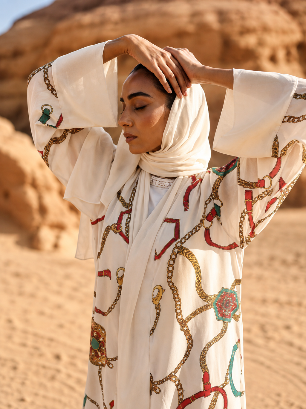 Ivory Desert Print Open Abaya