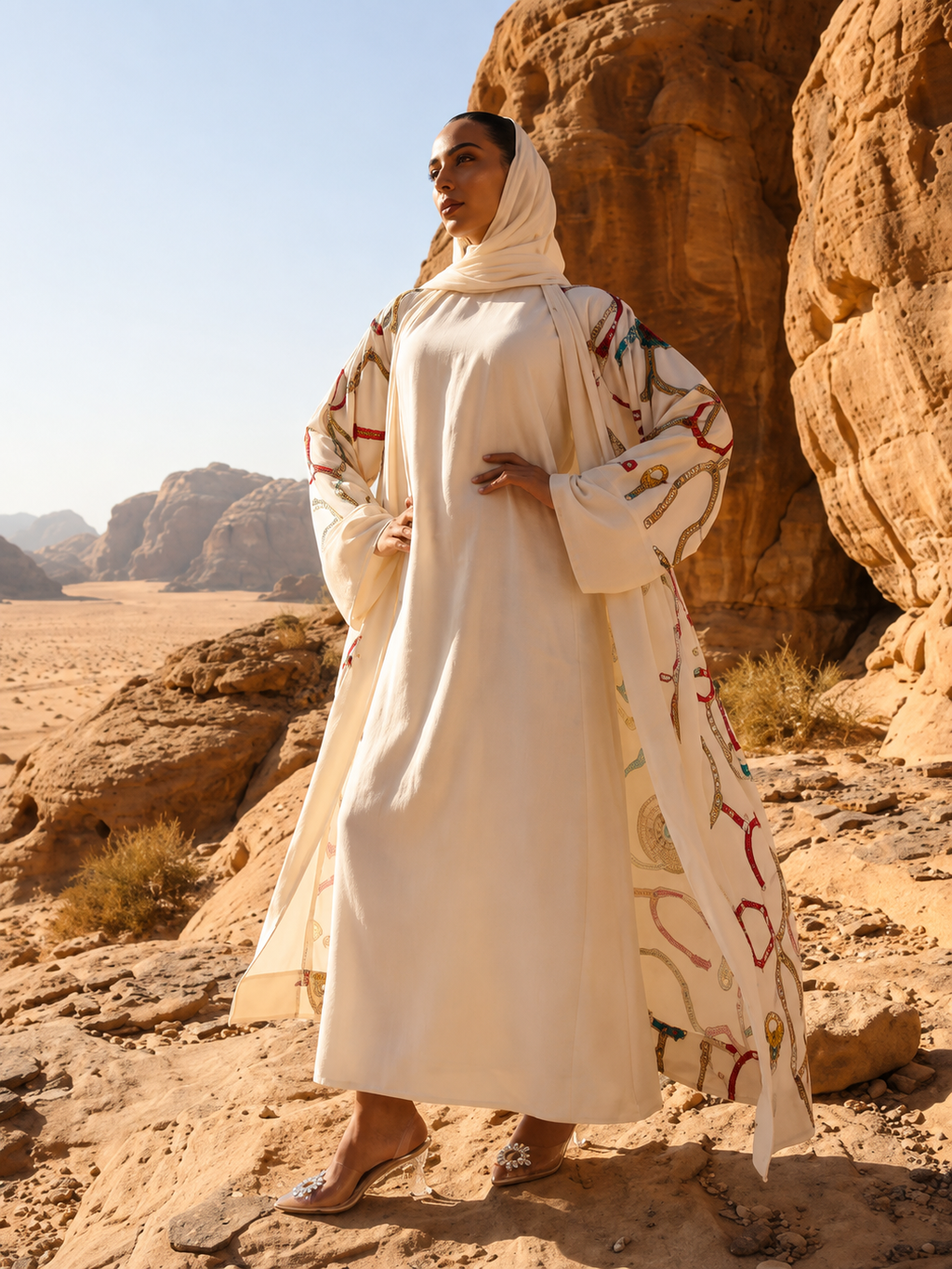 Ivory Desert Print Open Abaya