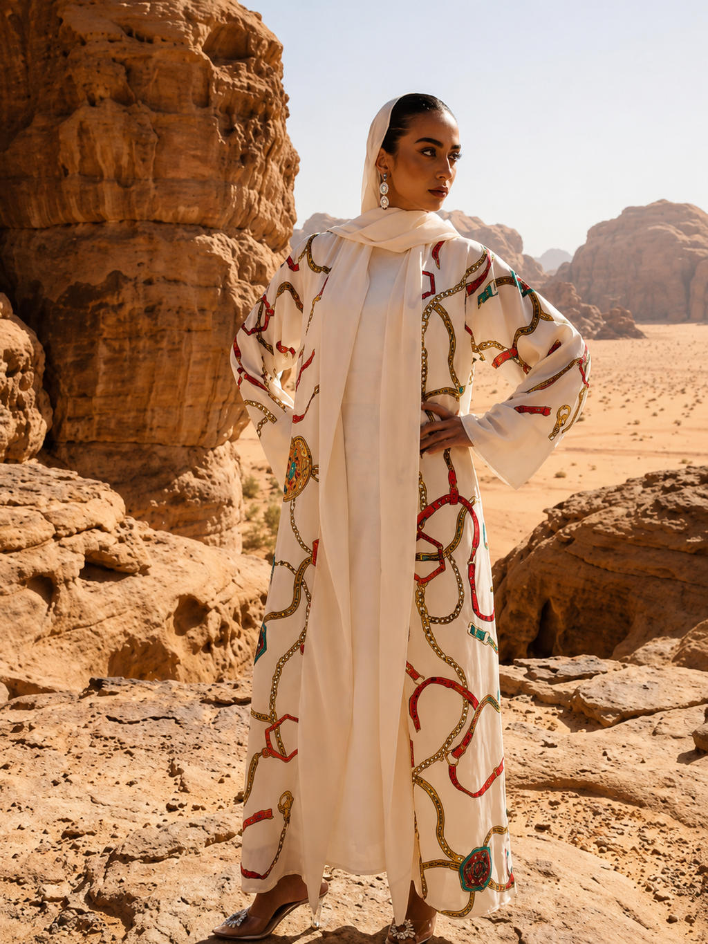 Ivory Desert Print Open Abaya