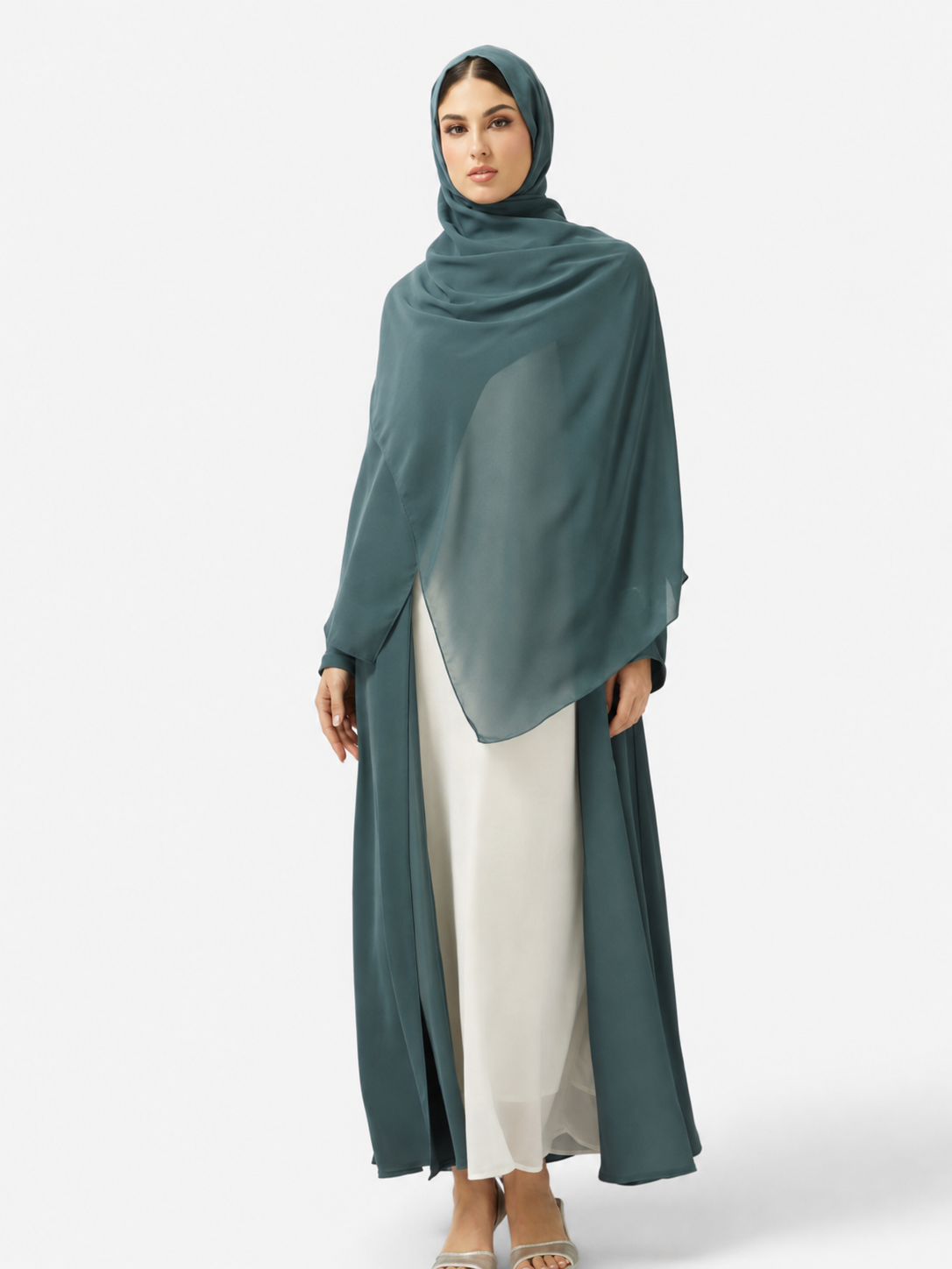 Teal Embroidered Open Abaya