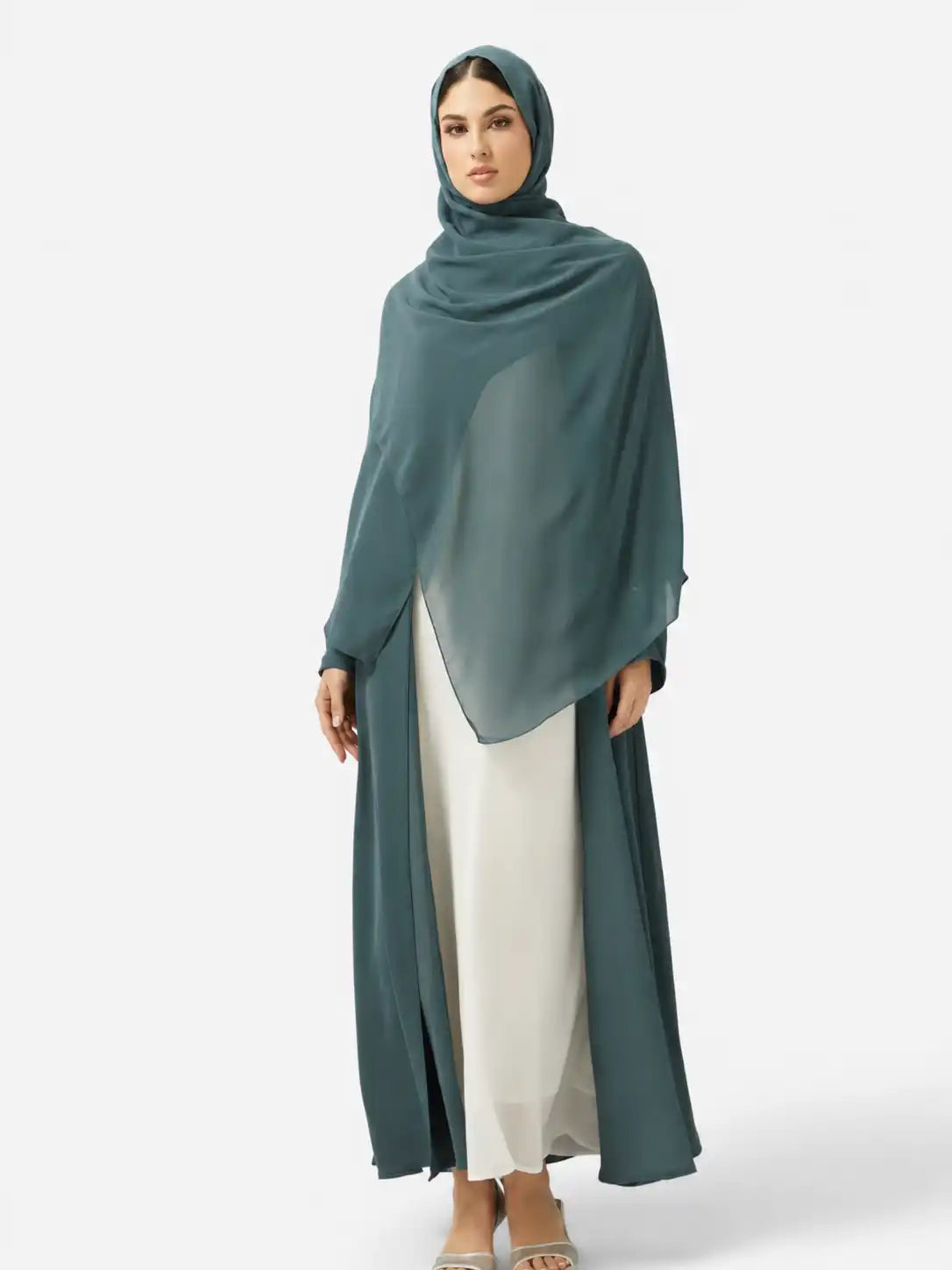 Teal Embroidered Open Abaya