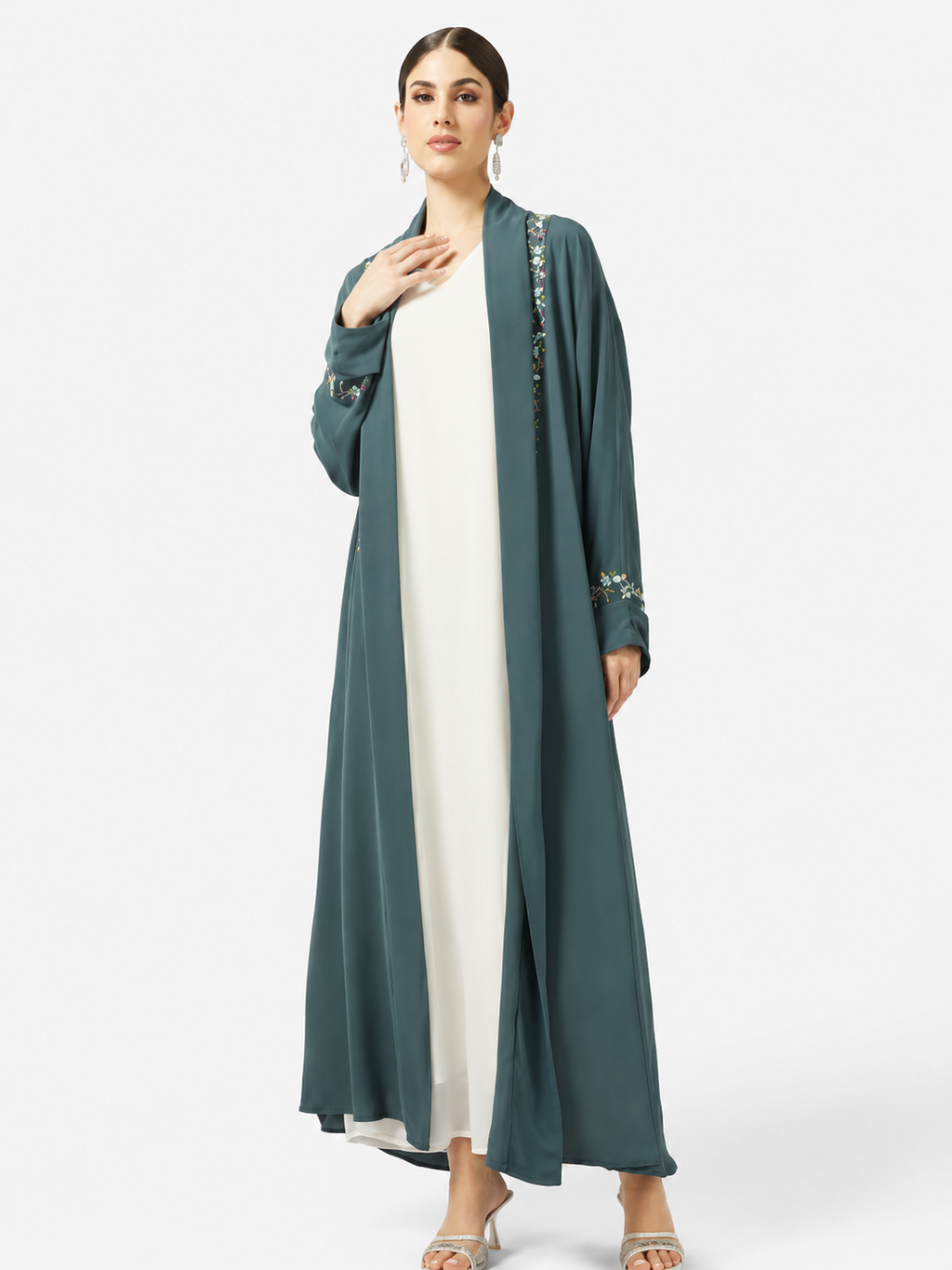 Teal Embroidered Open Abaya