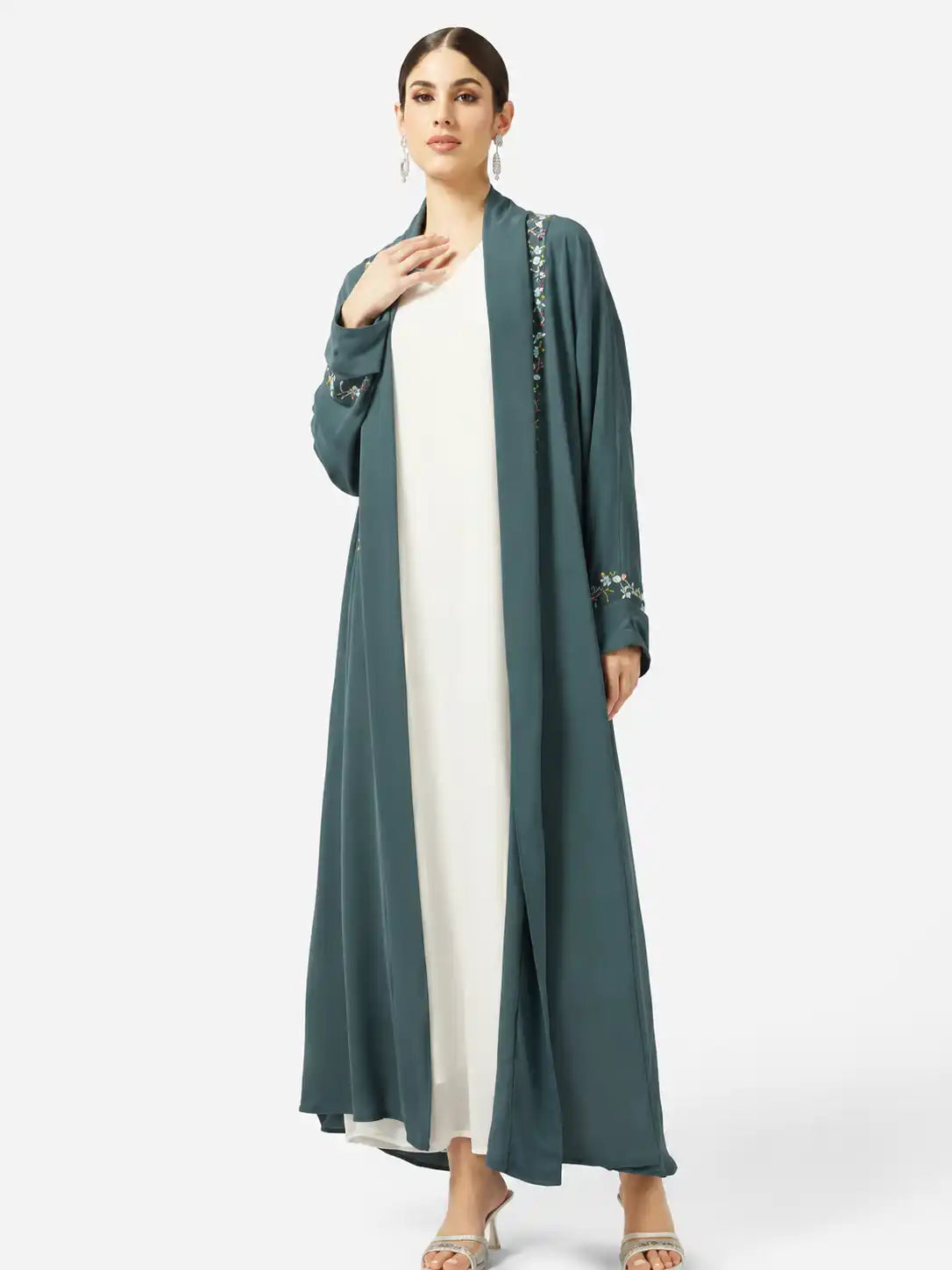 Teal Embroidered Open Abaya