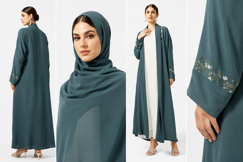 Teal Embroidered Open Abaya