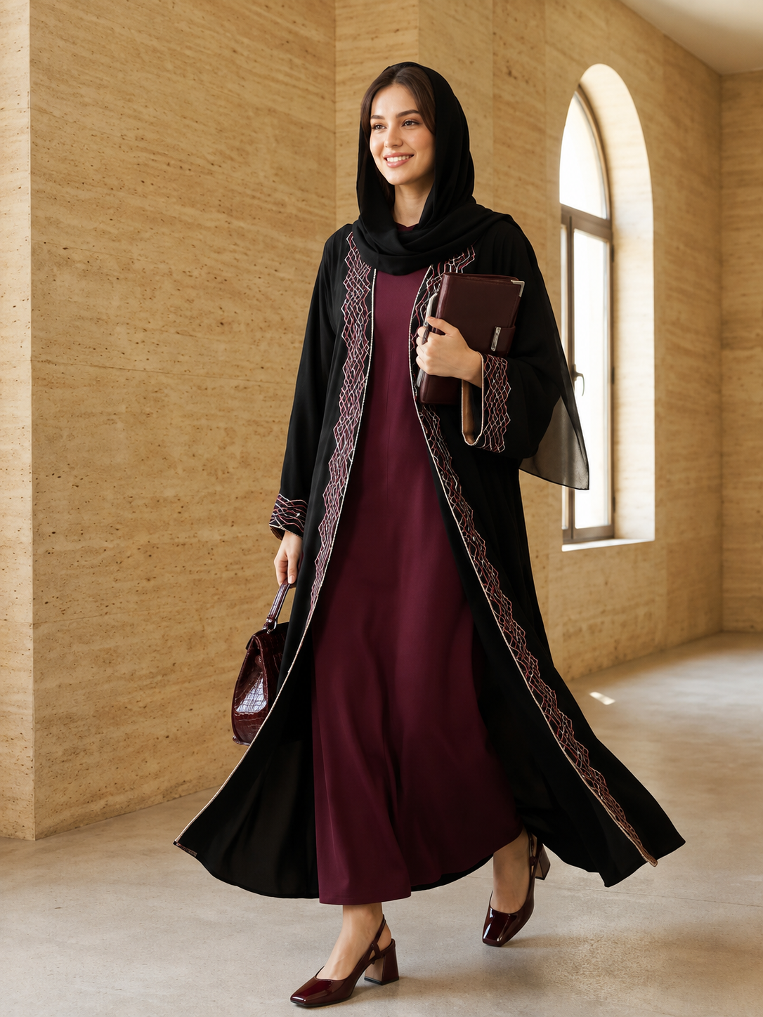Elegant Embroidered Open Abaya Set – Black & Maroon