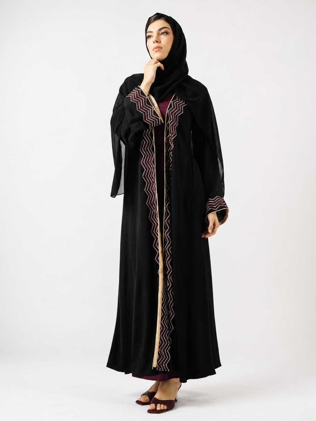 Elegant Embroidered Open Abaya Set – Black & Maroon