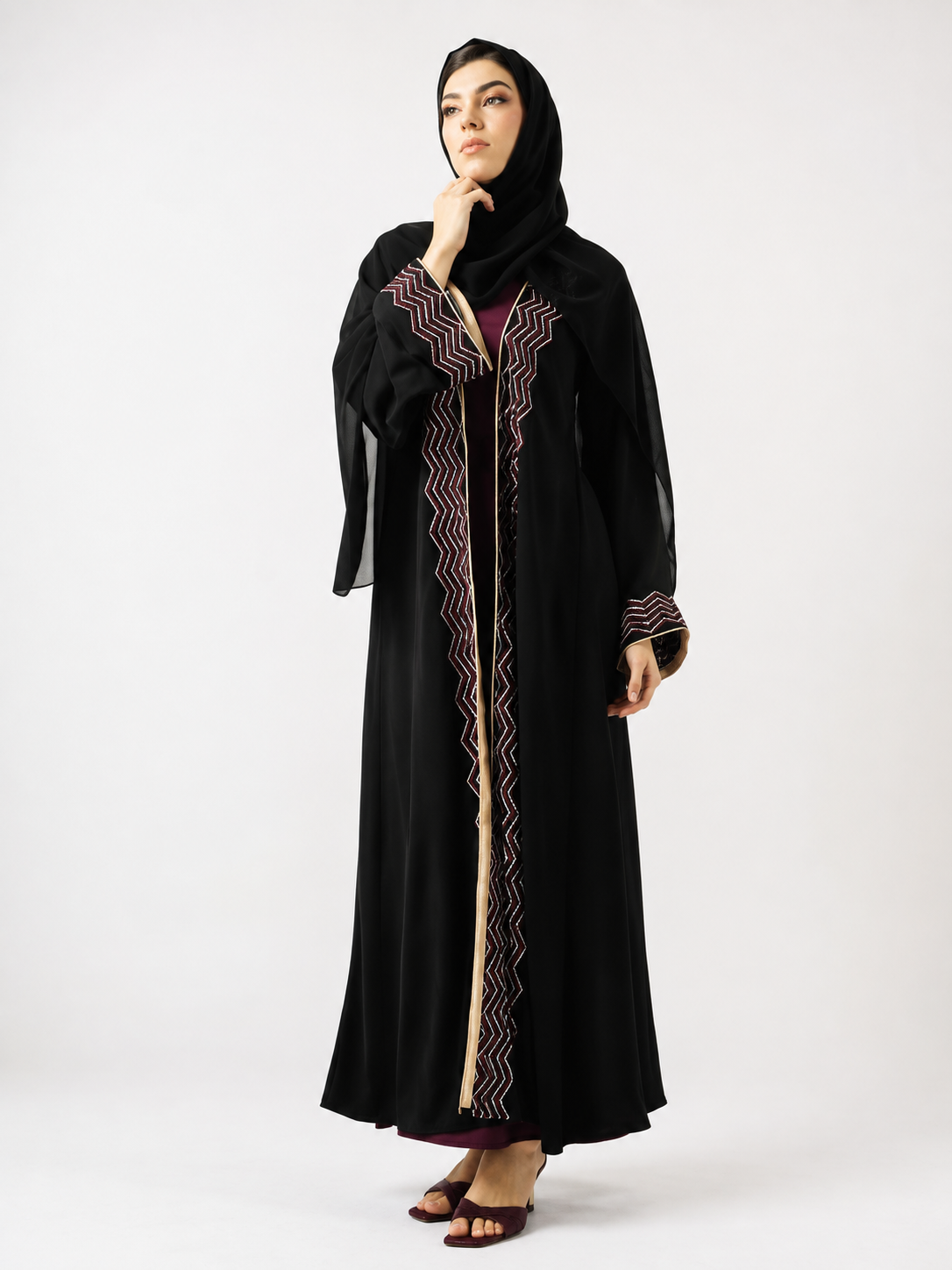 Elegant Embroidered Open Abaya Set – Black & Maroon