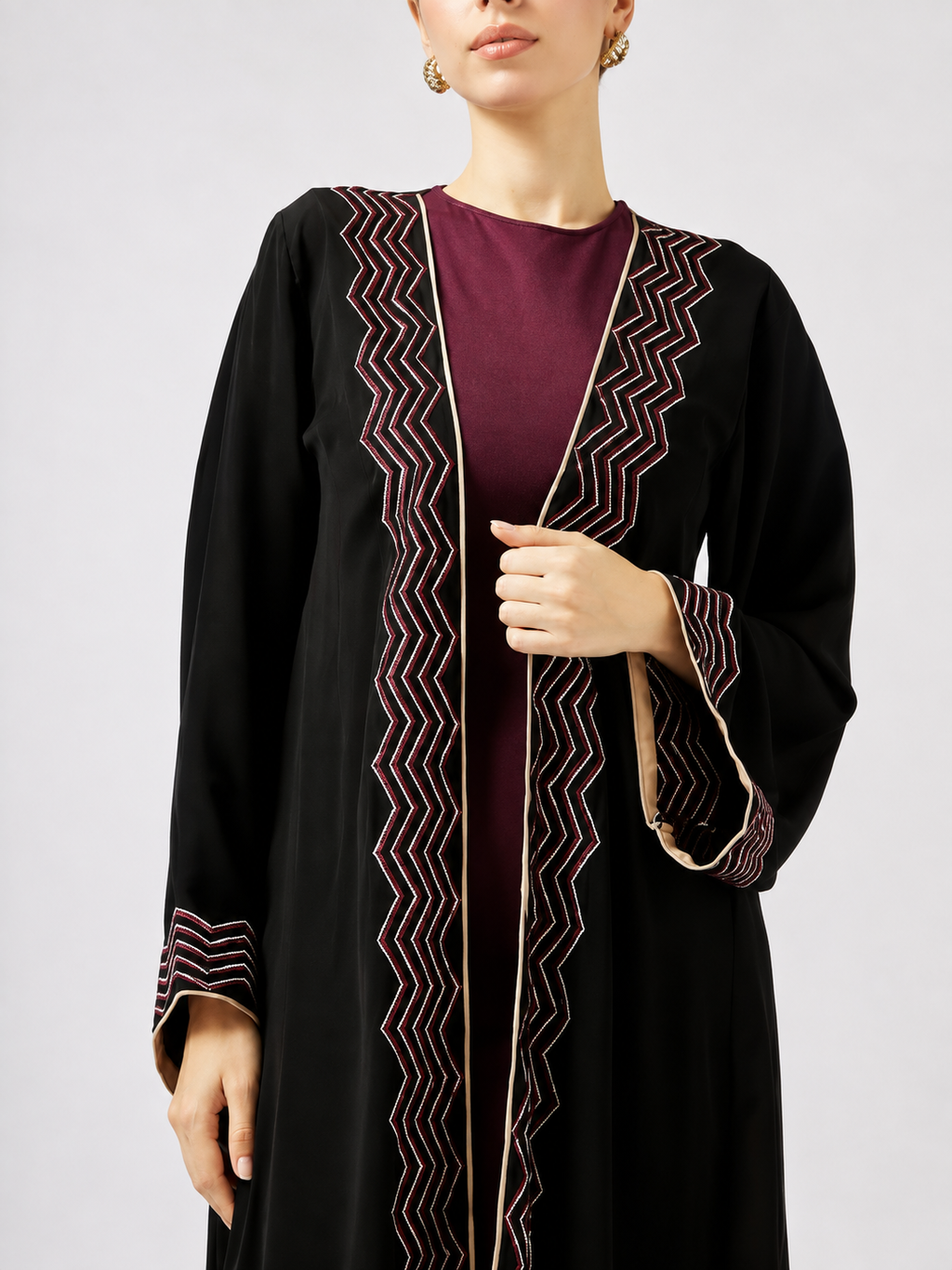 Elegant Embroidered Open Abaya Set – Black & Maroon