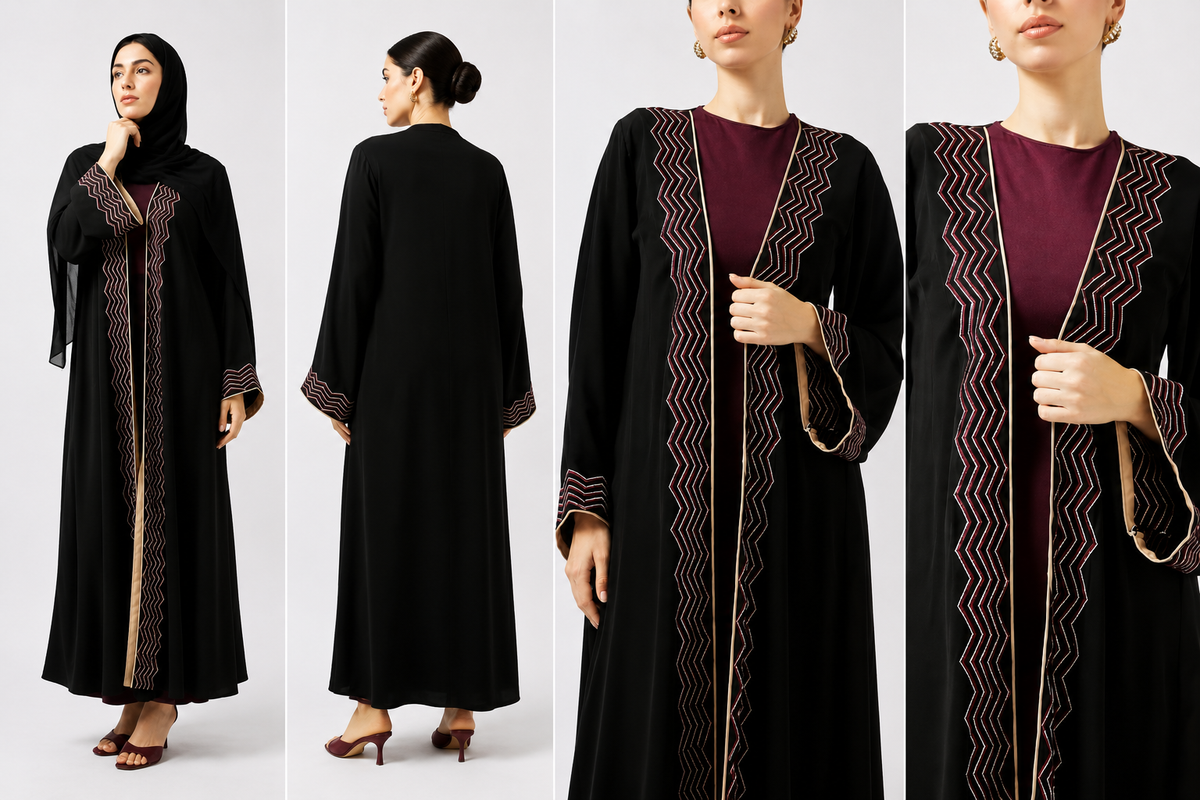 Elegant Embroidered Open Abaya Set – Black & Maroon