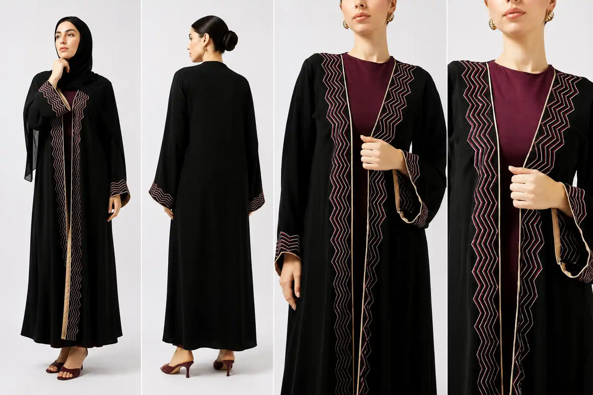 Elegant Embroidered Open Abaya Set – Black & Maroon
