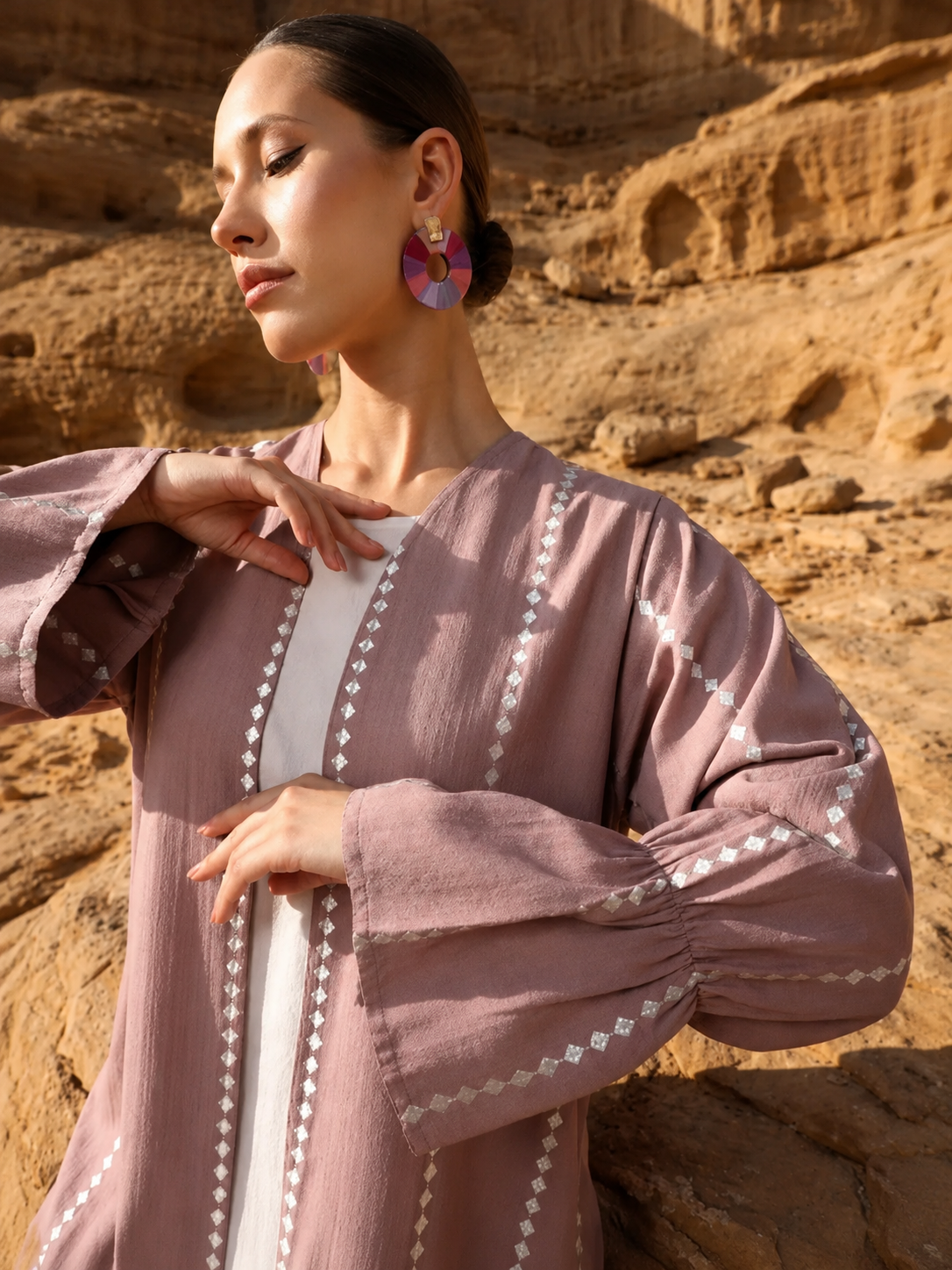 Dusty Mauve Open Abaya with White Inner Dress