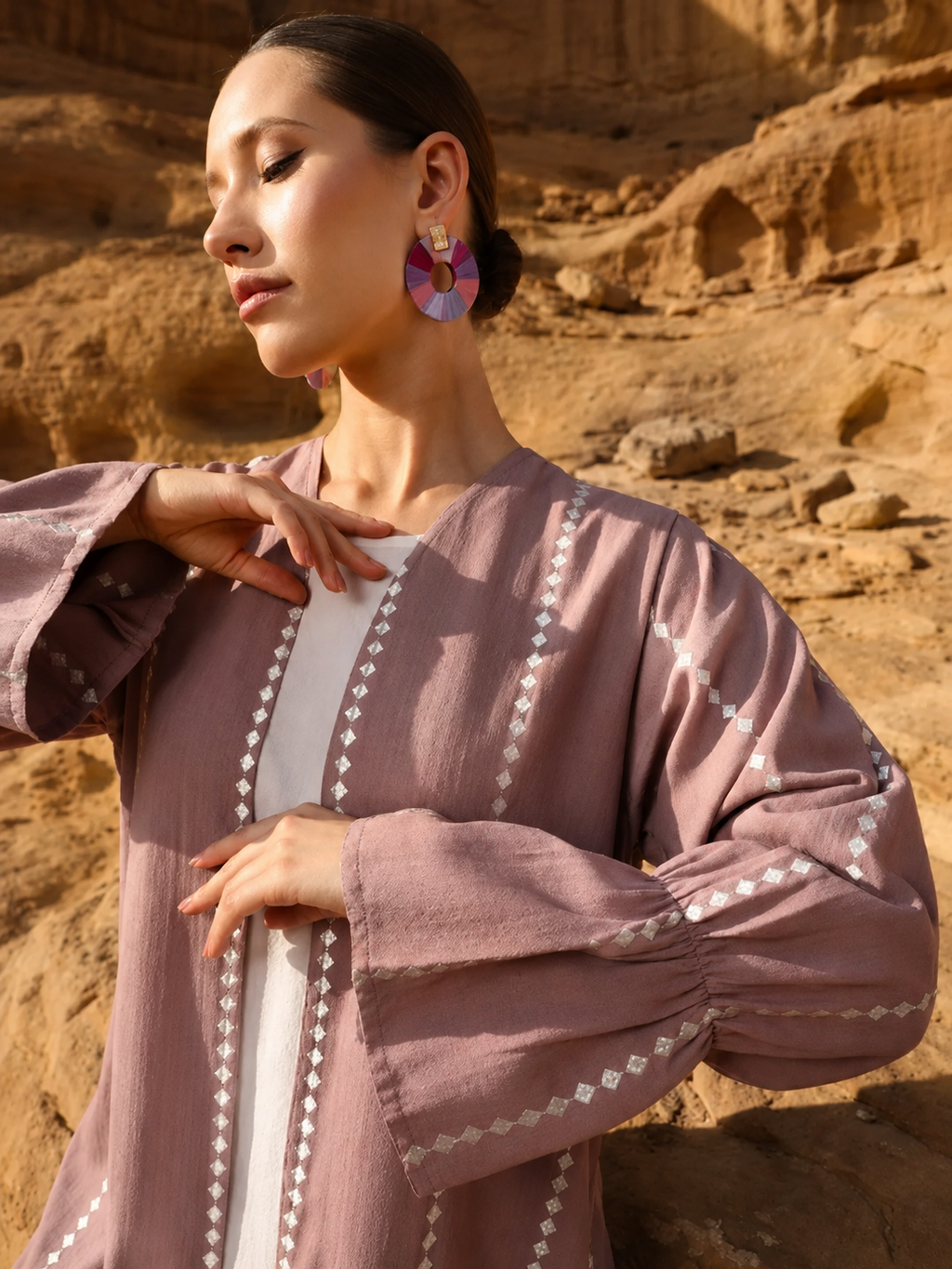 Dusty Mauve Open Abaya with White Inner Dress