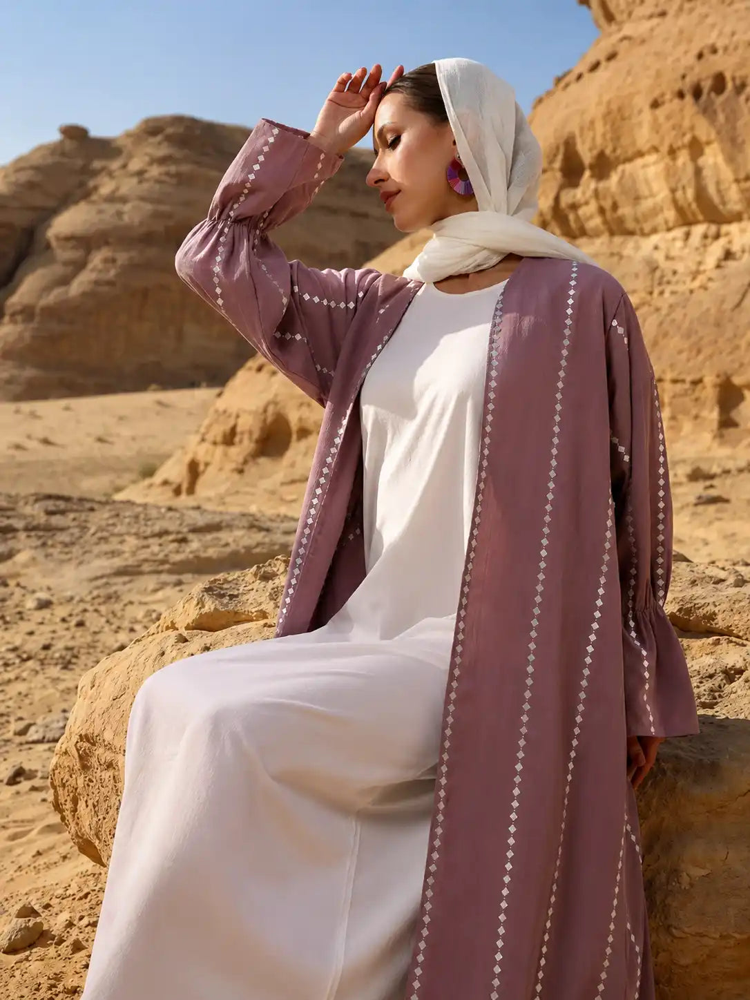 Dusty Mauve Open Abaya with White Inner Dress