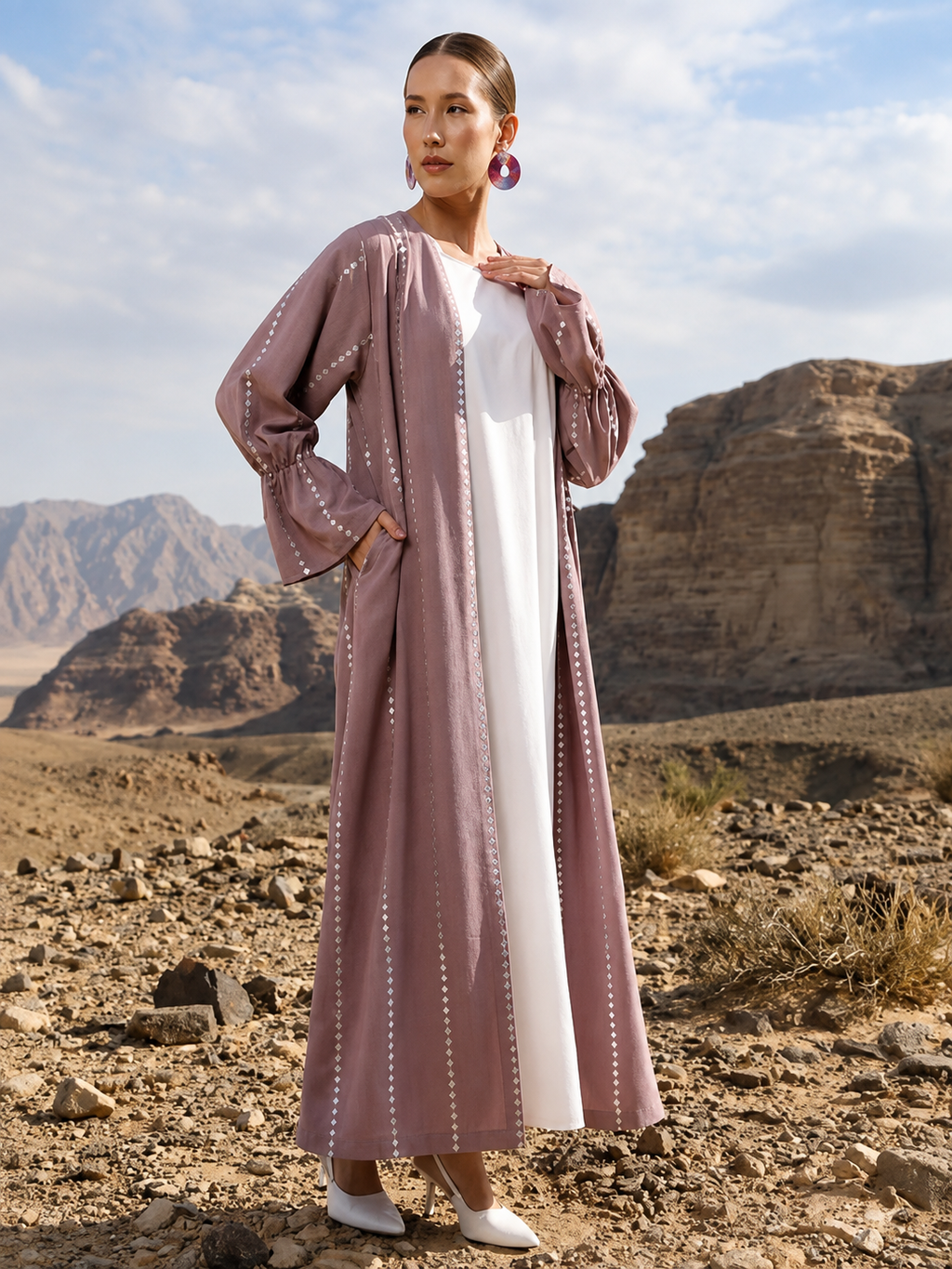 Dusty Mauve Open Abaya with White Inner Dress