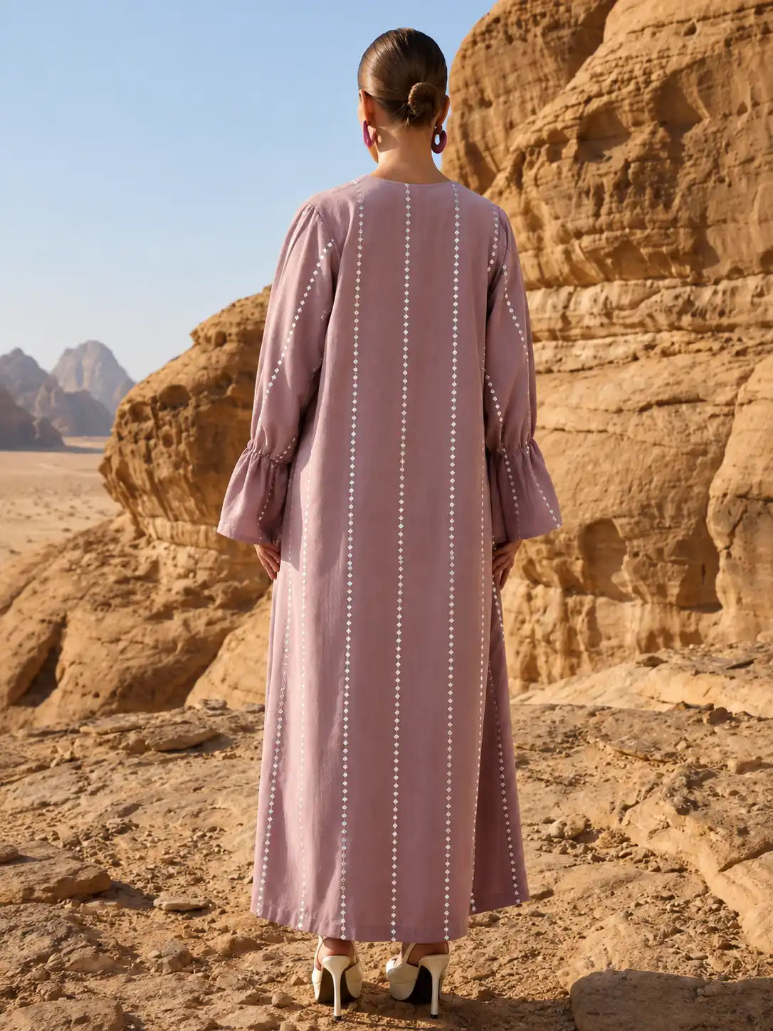 Dusty Mauve Open Abaya with White Inner Dress