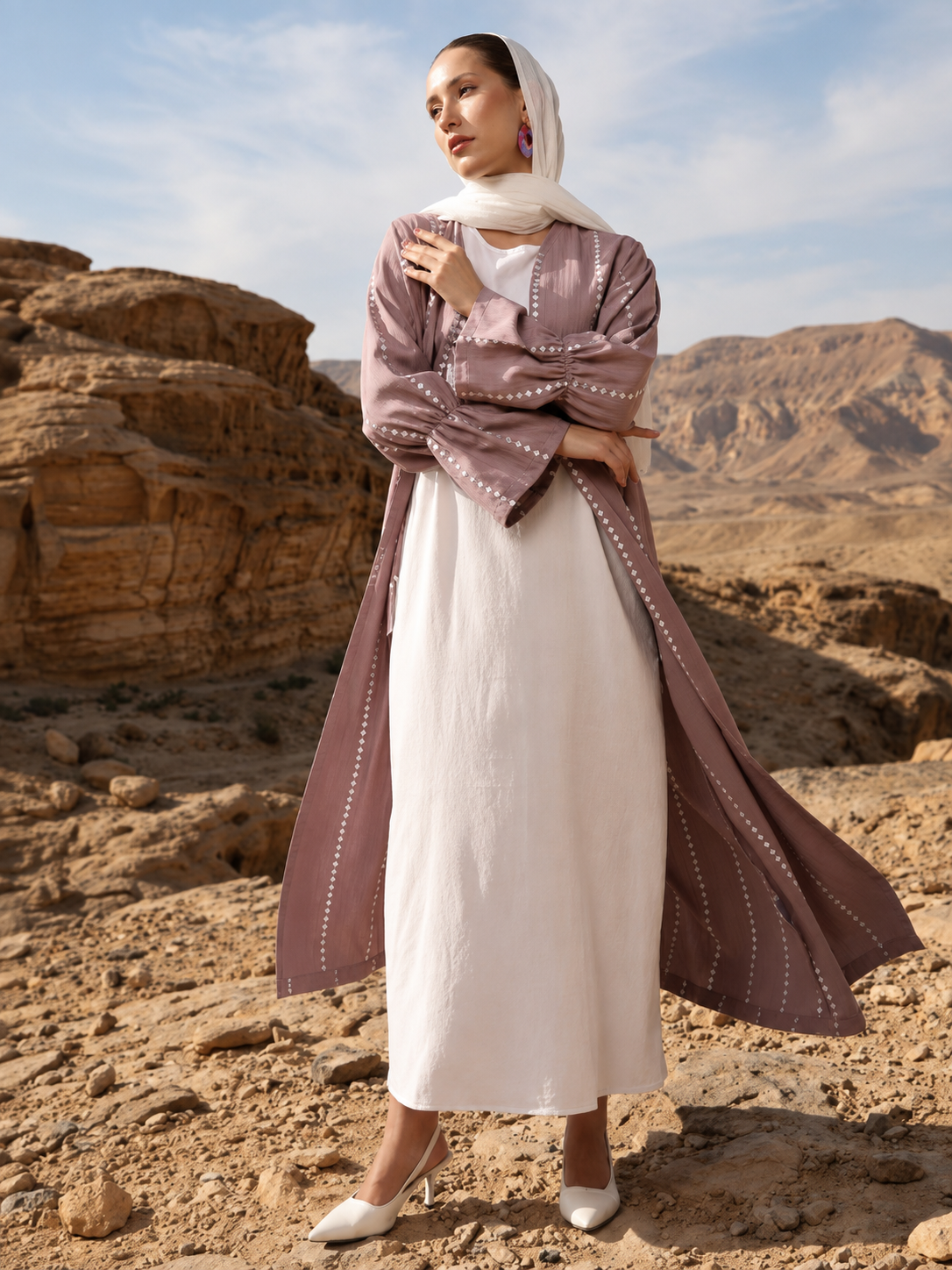 Dusty Mauve Open Abaya with White Inner Dress