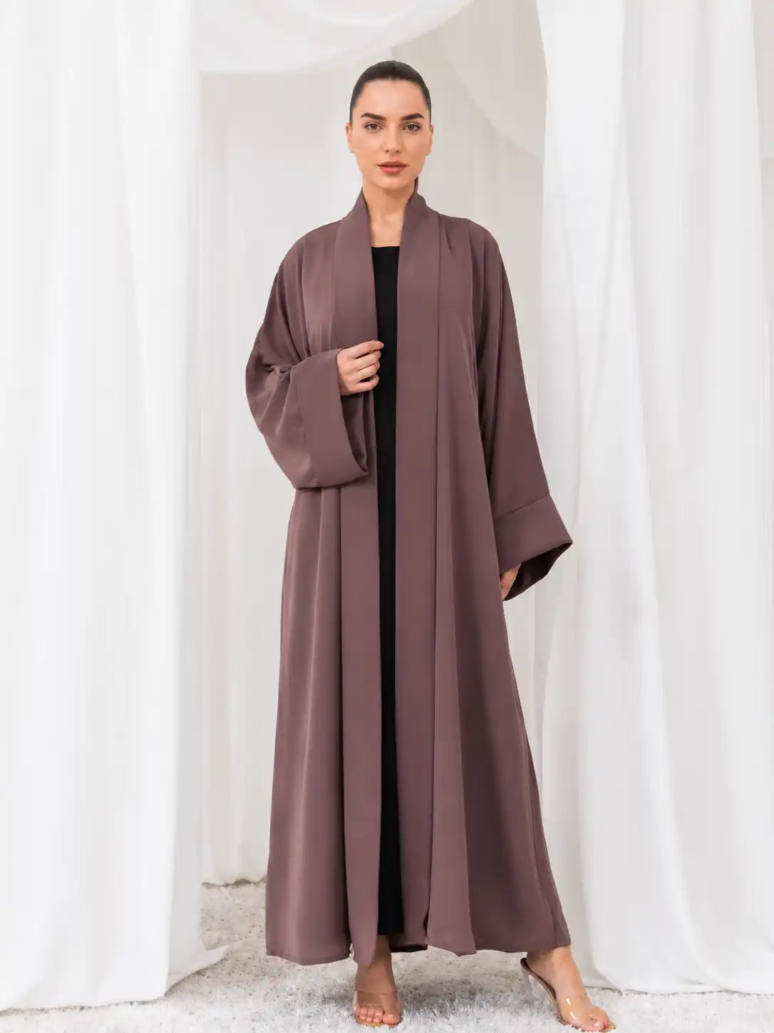 Elegant Mocha Brown Open Front Maxi Abaya for Women