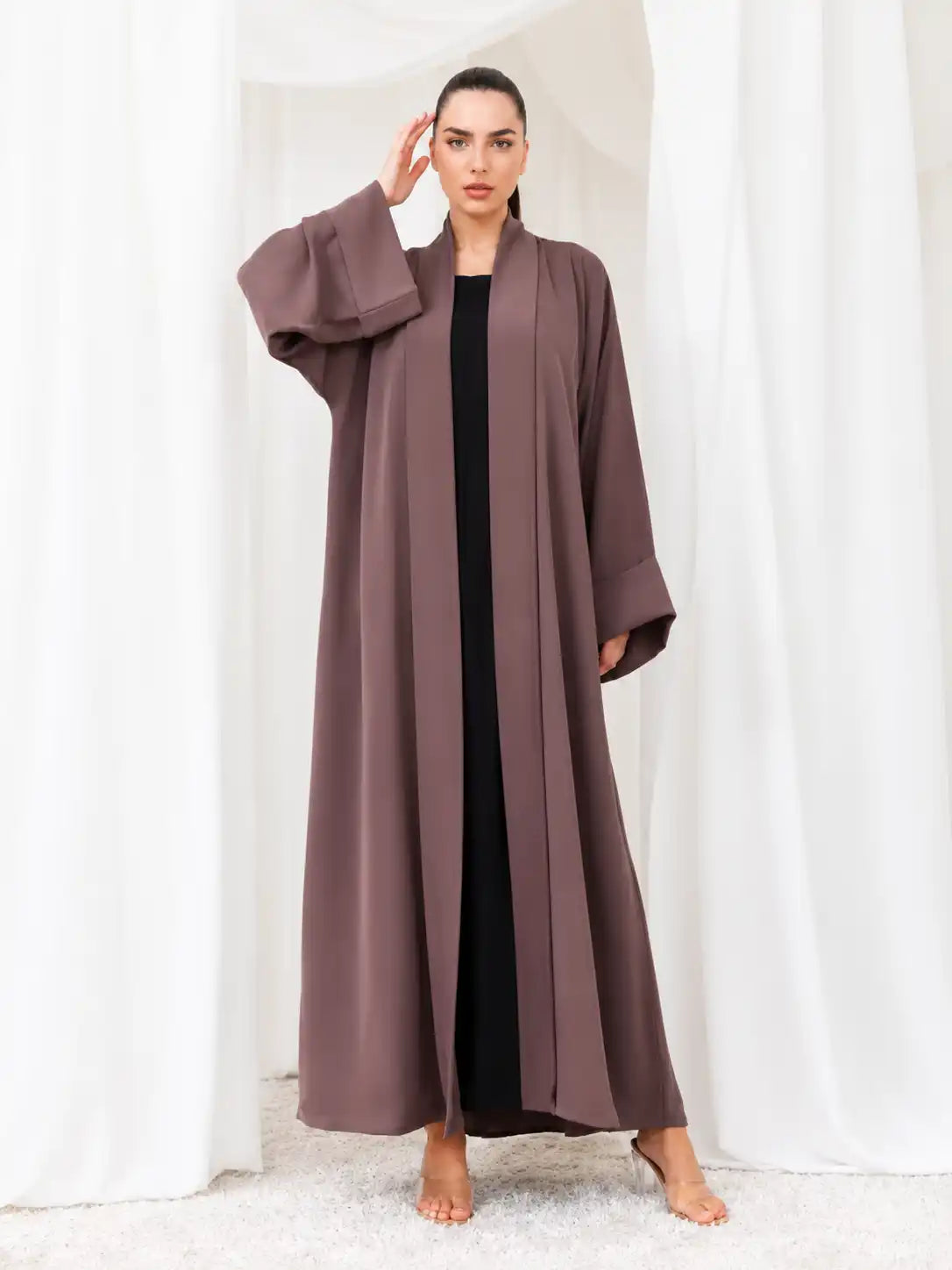 Elegant Mocha Brown Open Front Maxi Abaya for Women