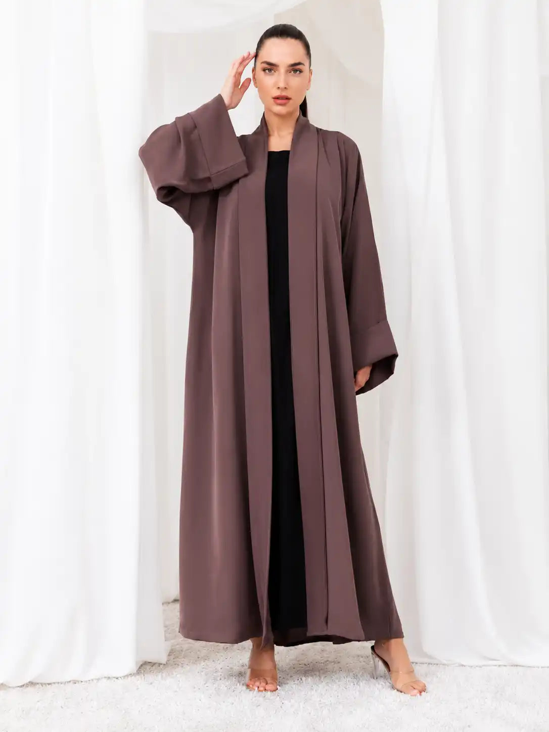Elegant Mocha Brown Open Front Maxi Abaya for Women