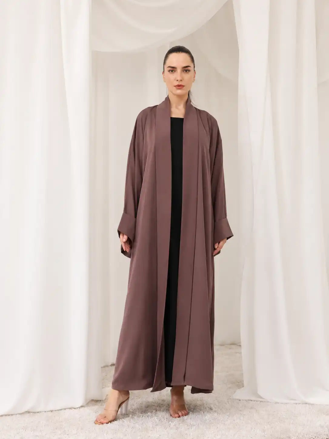 Elegant Mocha Brown Open Front Maxi Abaya for Women