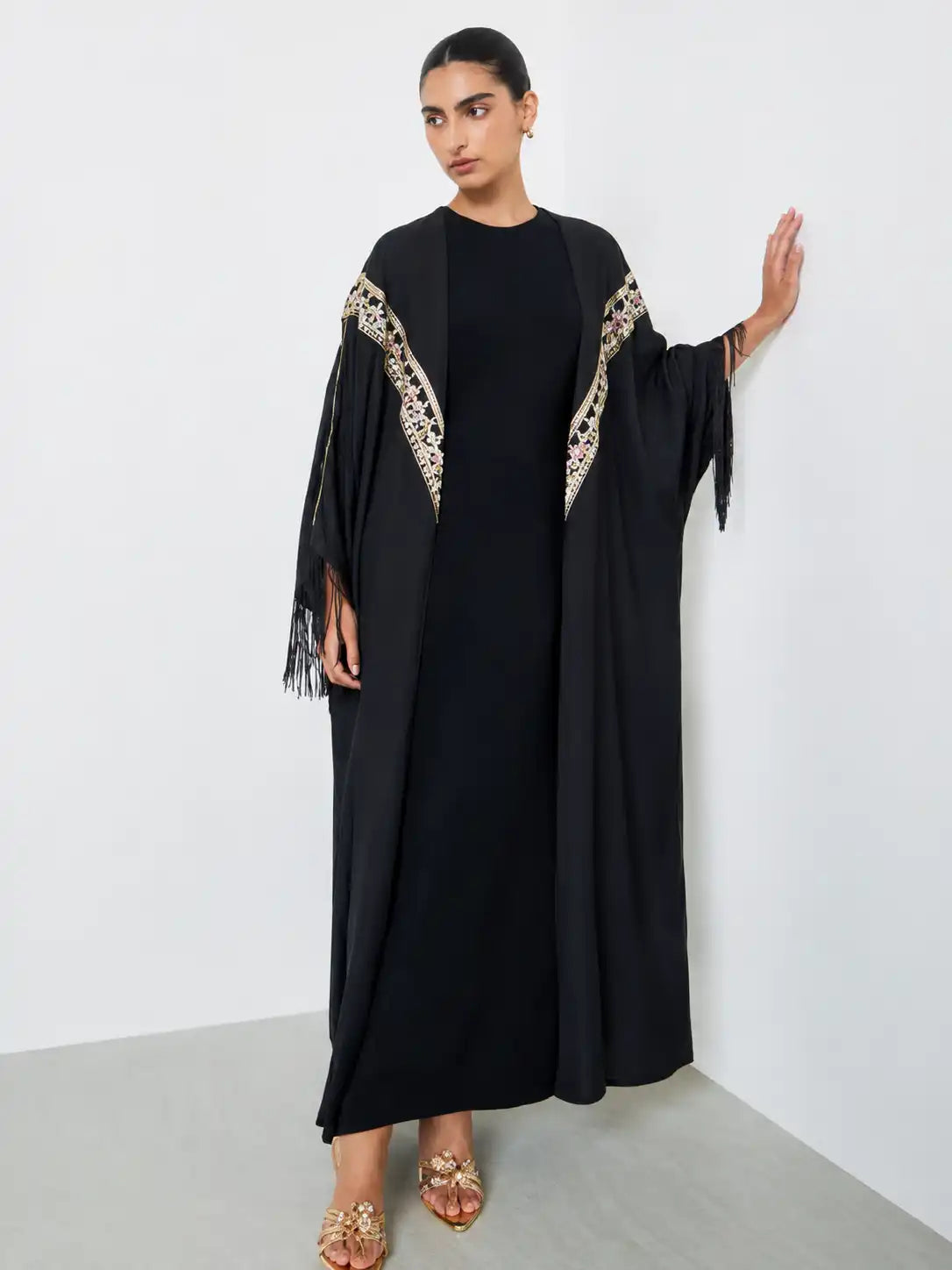 Embroidered Black Open Abaya