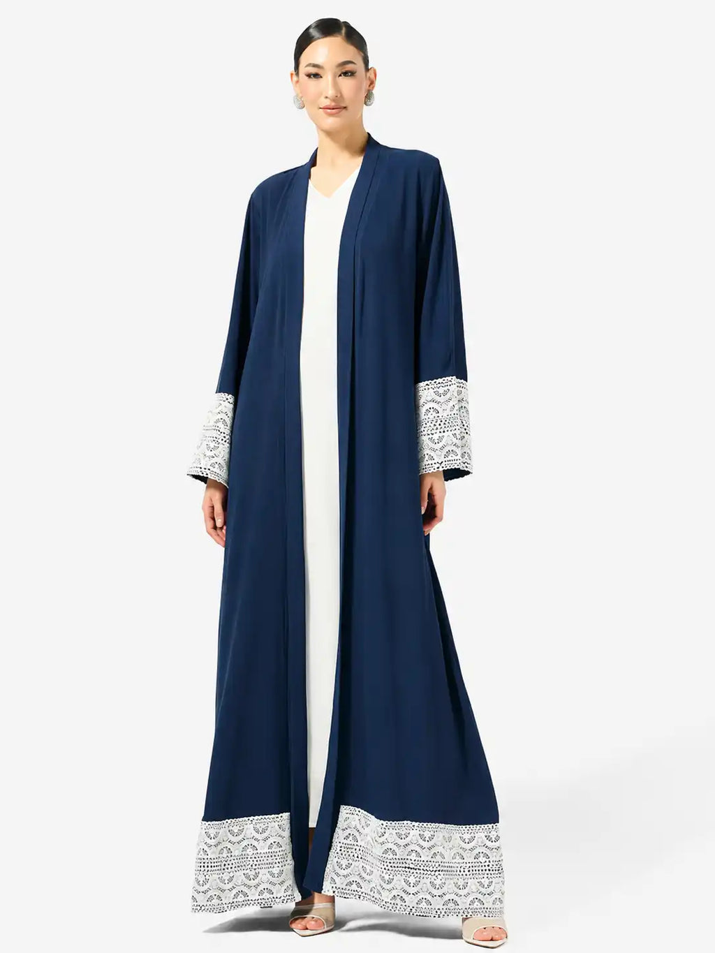 Navy Lace Trim Open Abaya