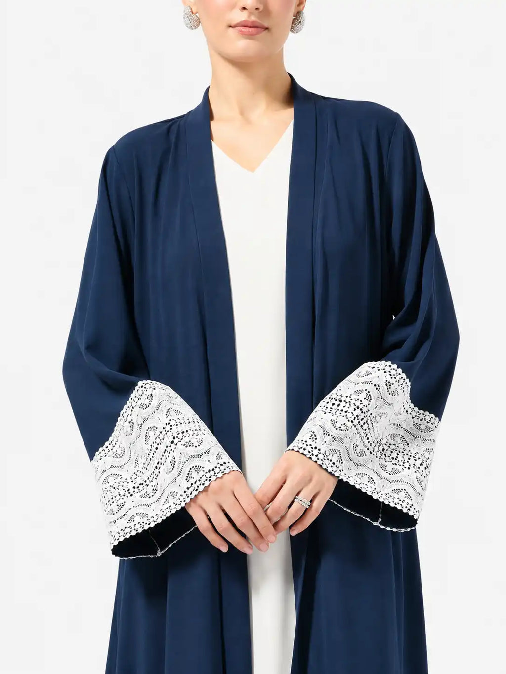 Navy Lace Trim Open Abaya