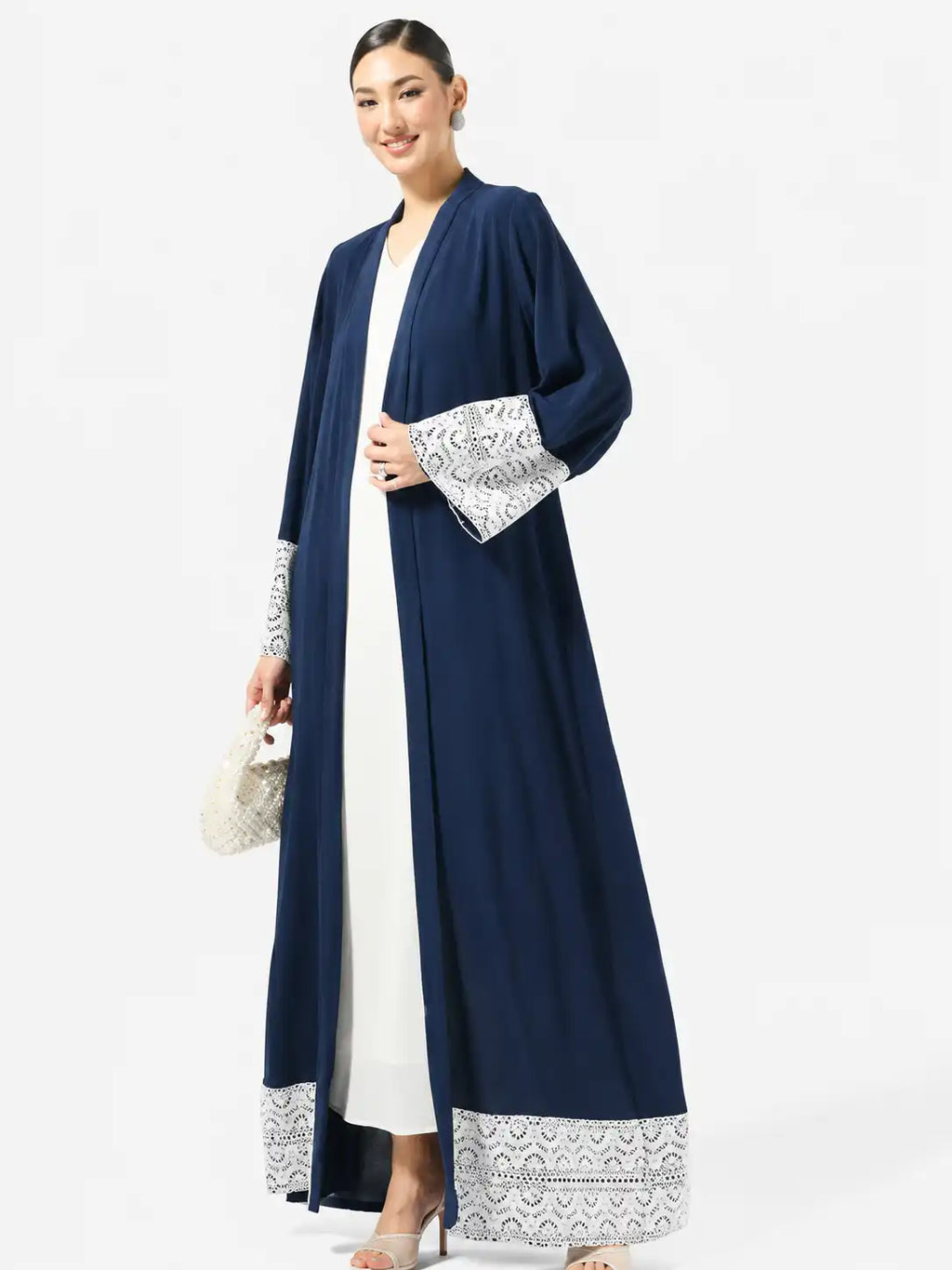 Navy Lace Trim Open Abaya