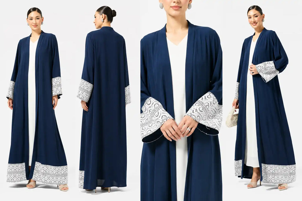 Navy Lace Trim Open Abaya
