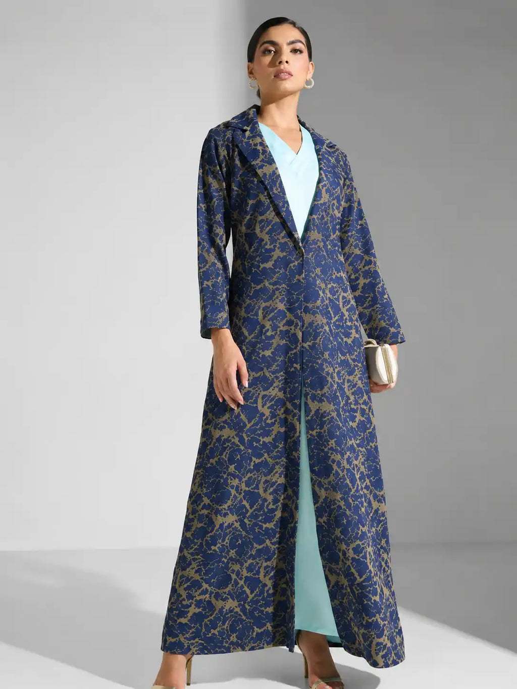 Navy Gold Printed Open Abaya