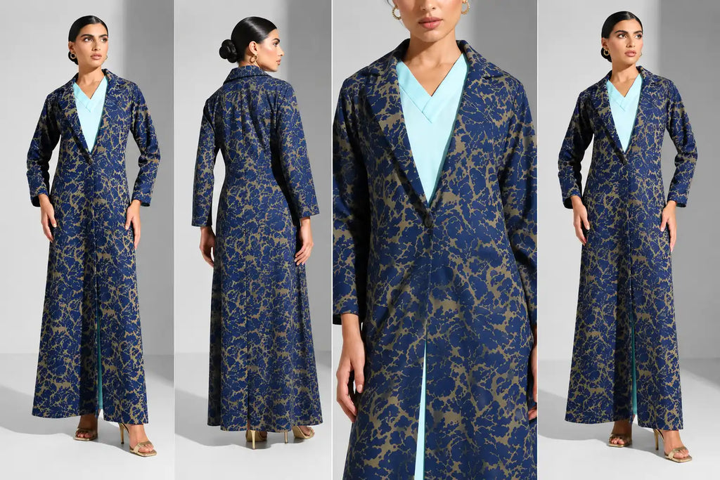 Navy Gold Printed Open Abaya