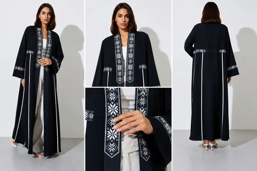 Black Embroidered Open Abaya