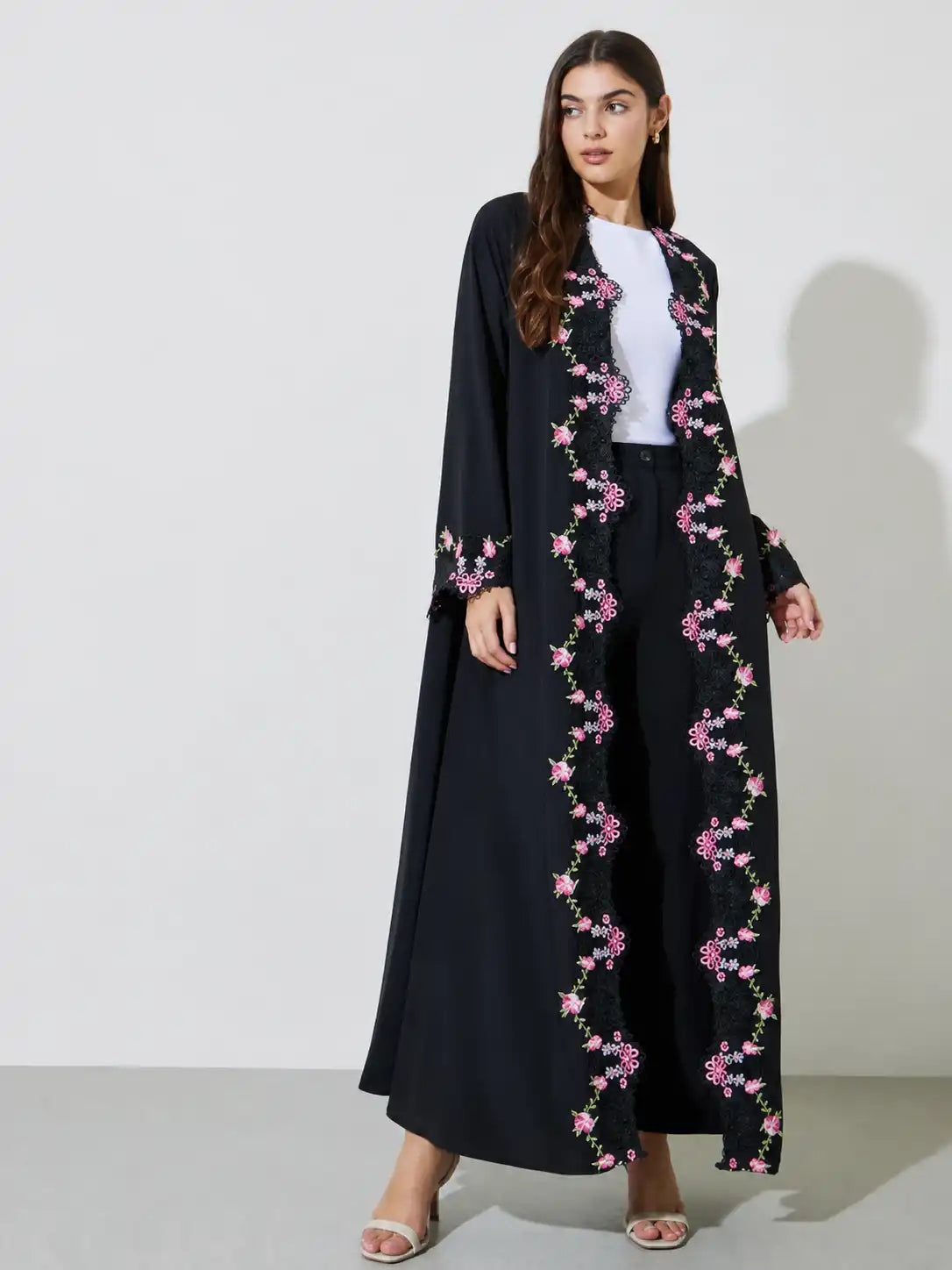 Black Floral Embroidered Open Abaya