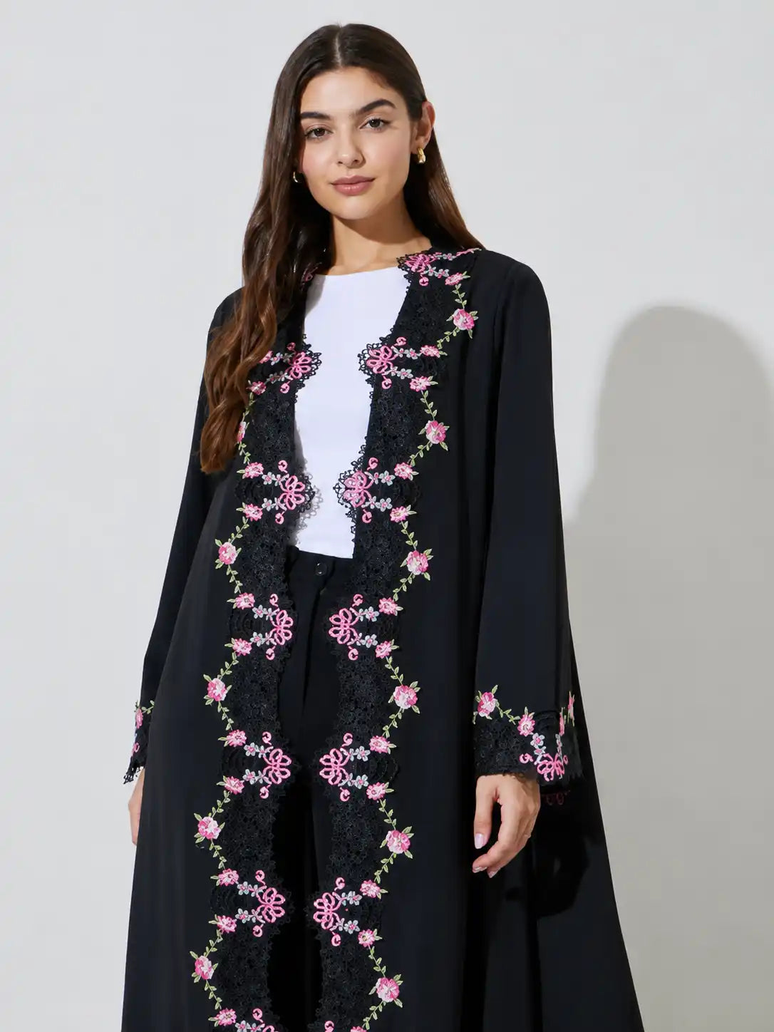 Black Floral Embroidered Open Abaya