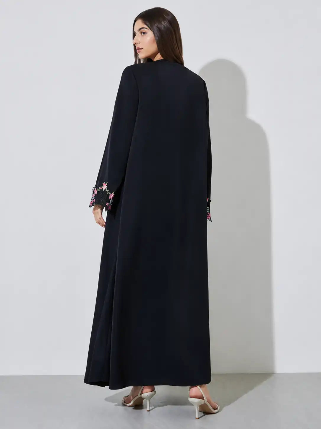Black Floral Embroidered Open Abaya