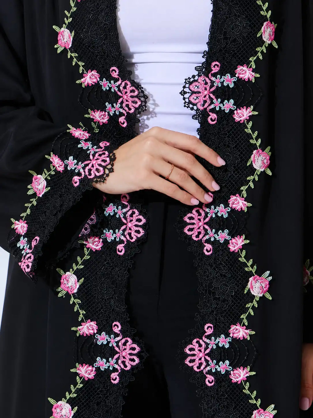 Black Floral Embroidered Open Abaya
