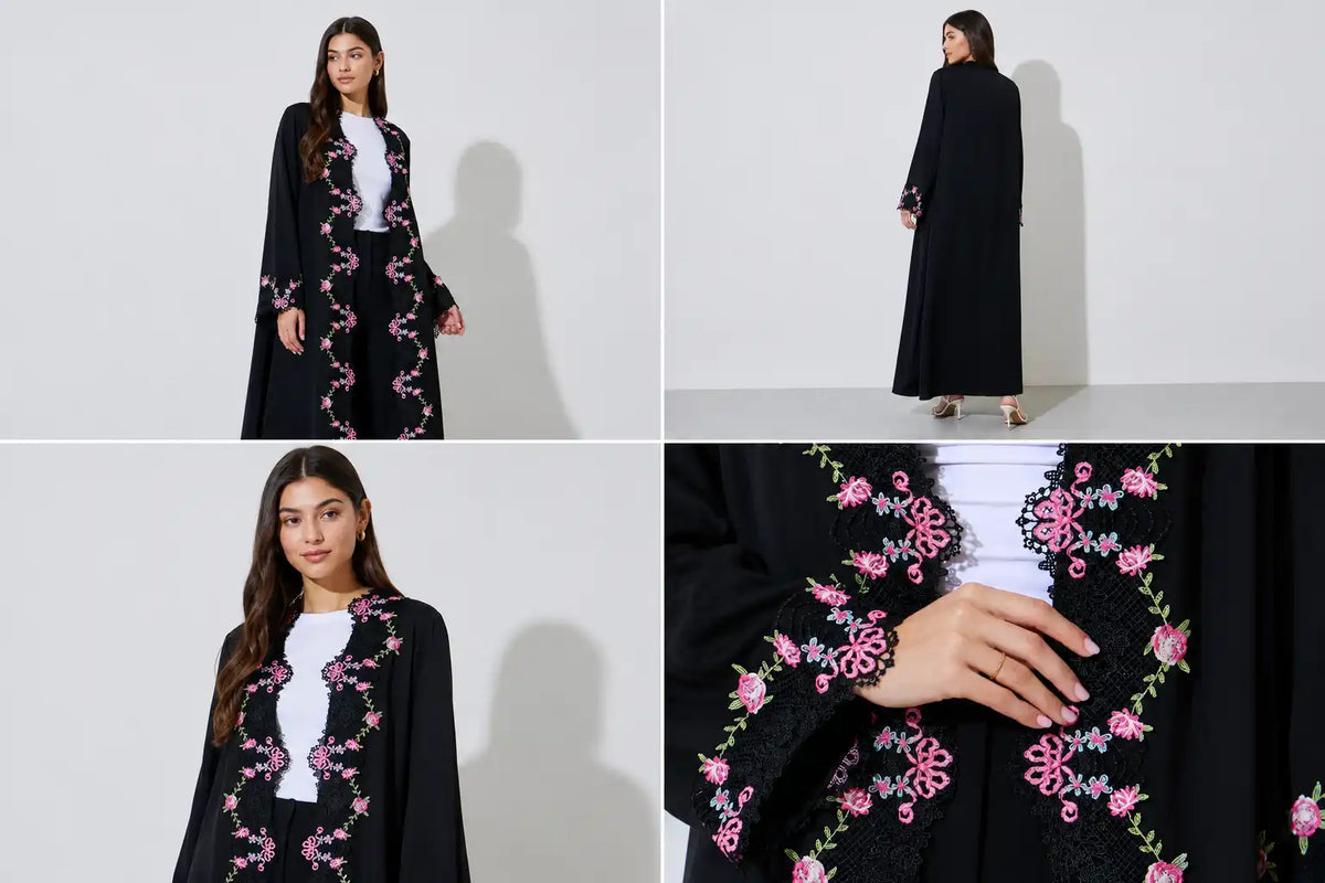 Black Floral Embroidered Open Abaya