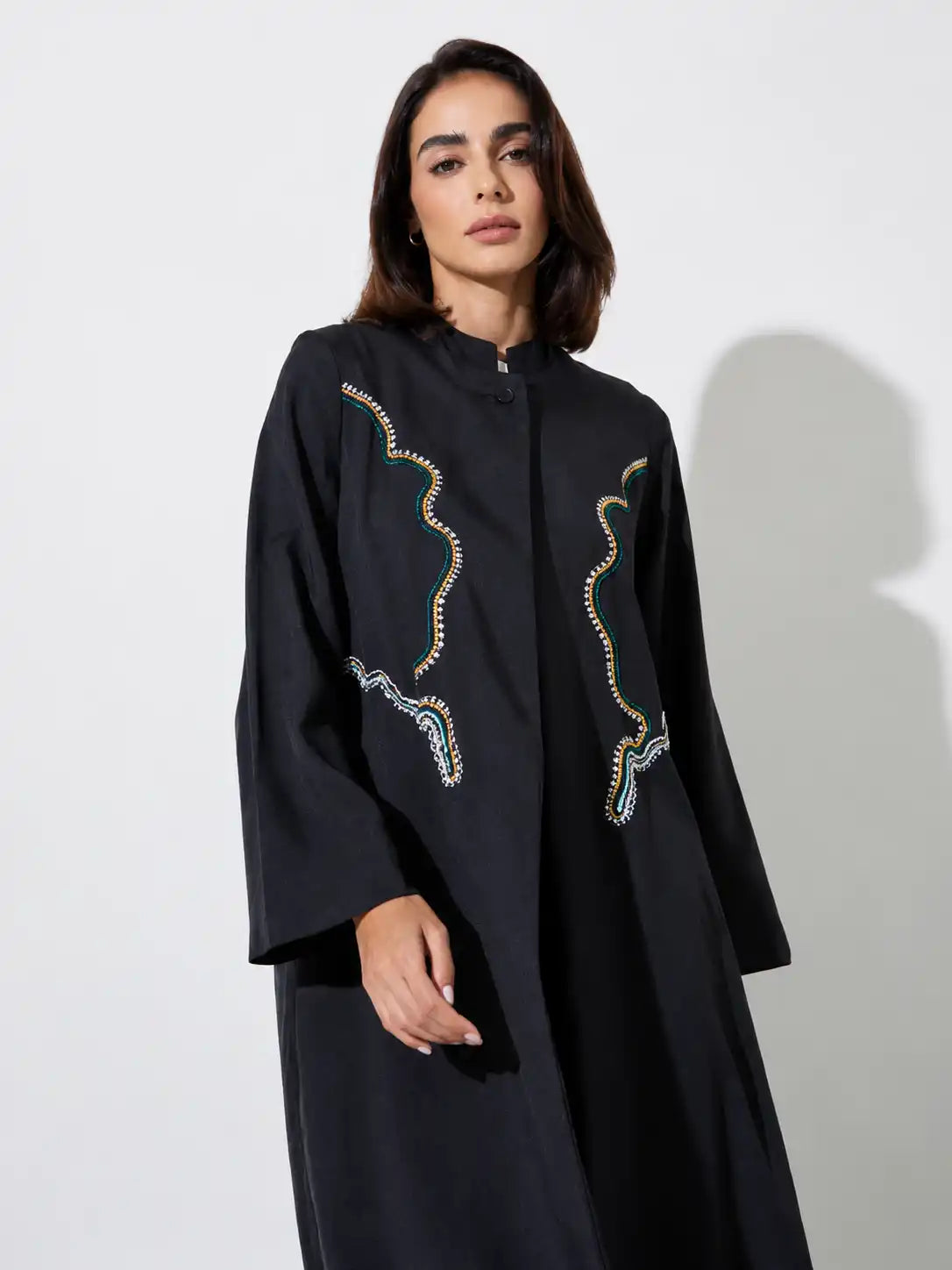 Embroidered Black Open Abaya