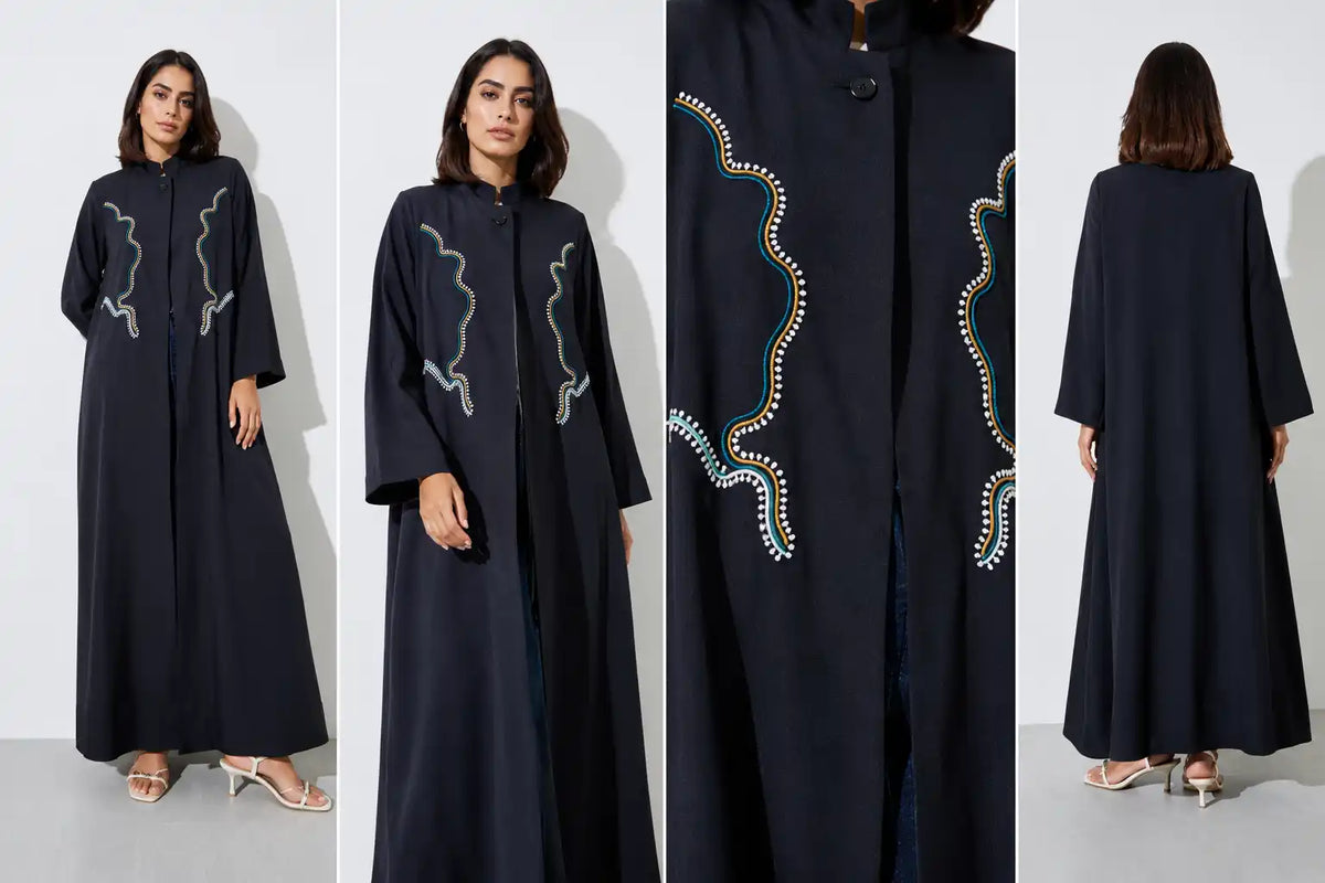 Embroidered Black Open Abaya