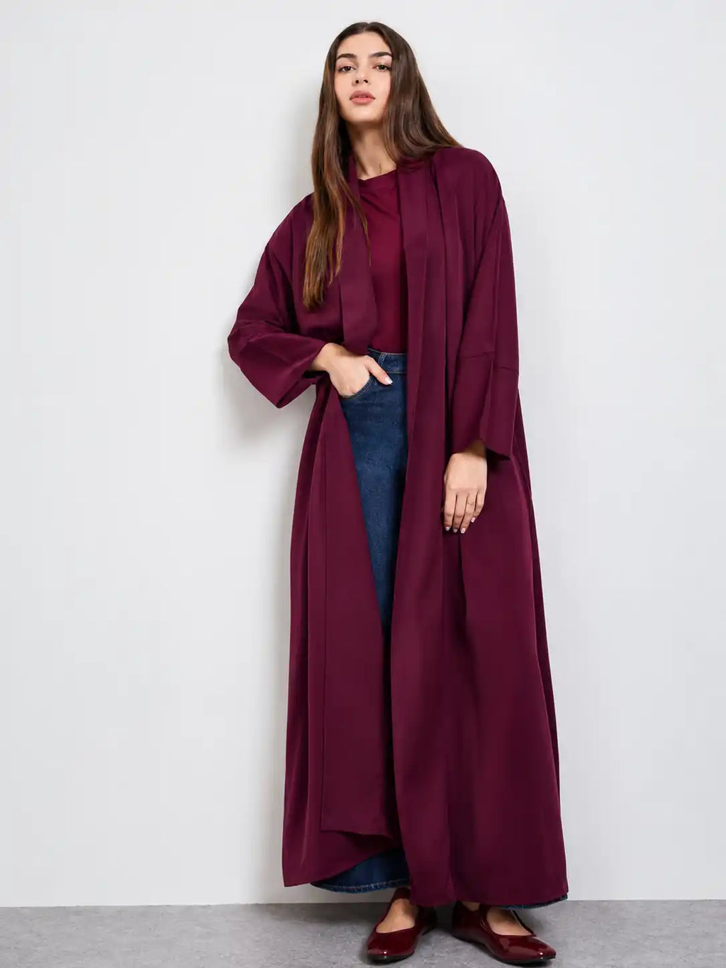 Women's Elegant Maroon Open Front Long Abaya with Wide Sleeves