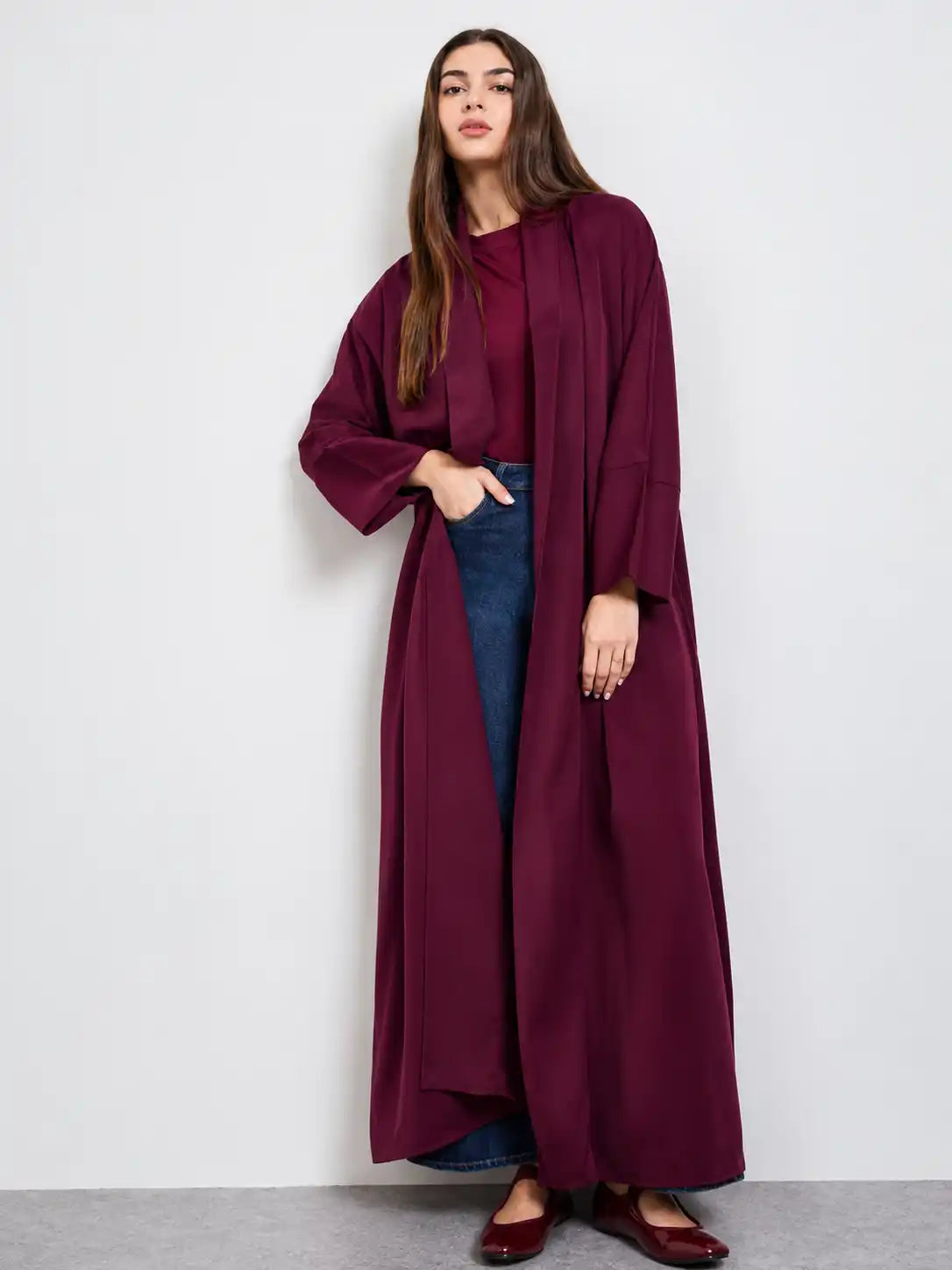 Women's Elegant Maroon Open Front Long Abaya with Wide Sleeves