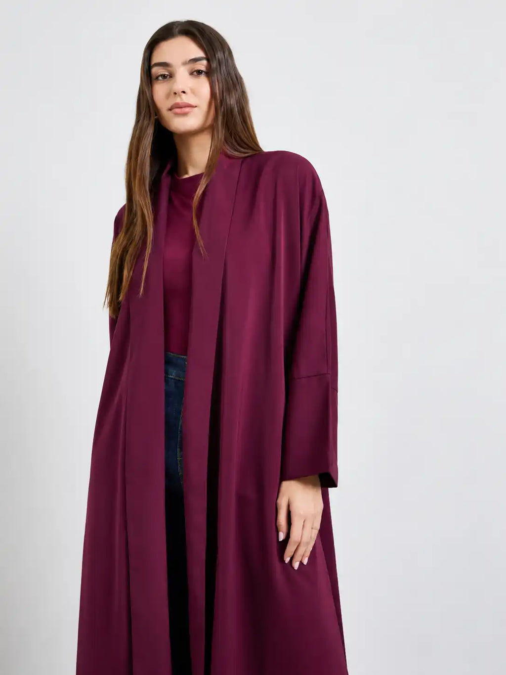 Women's Elegant Maroon Open Front Long Abaya with Wide Sleeves