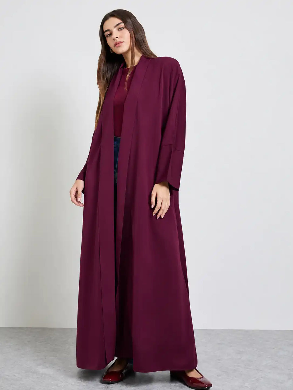 Women's Elegant Maroon Open Front Long Abaya with Wide Sleeves