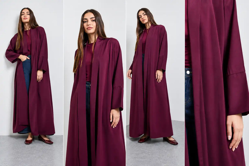 Women's Elegant Maroon Open Front Long Abaya with Wide Sleeves